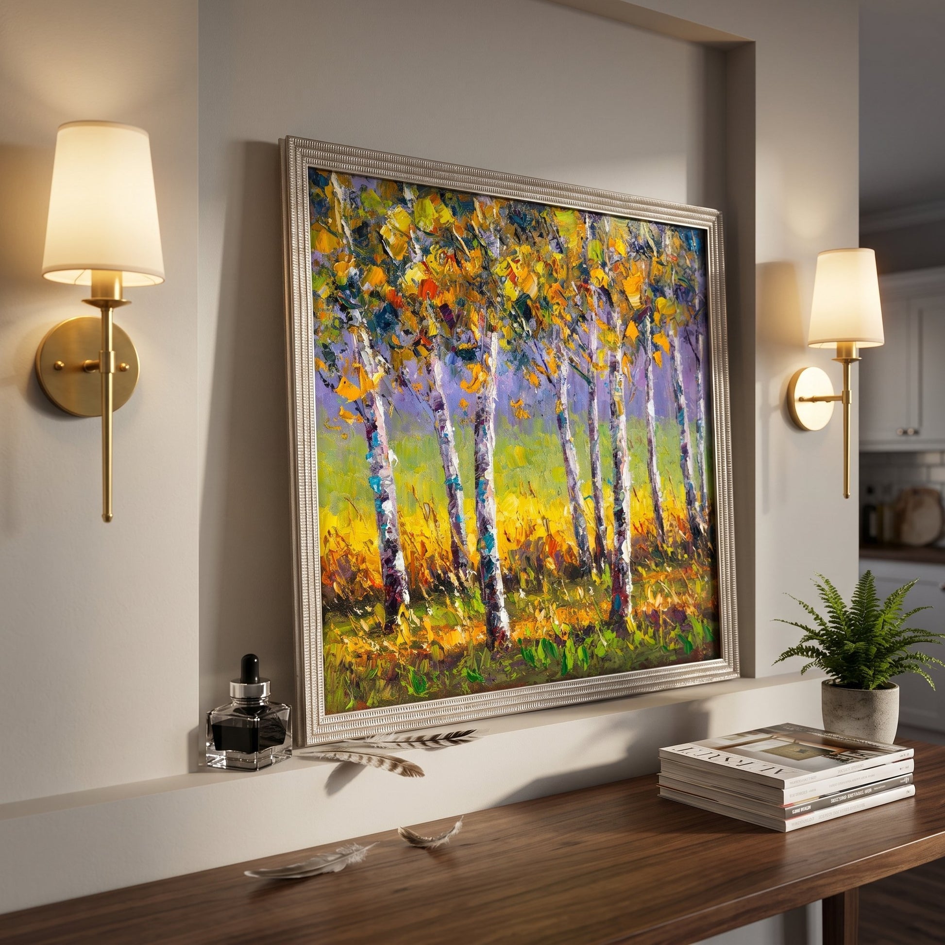 Contemporary entryway — vibrant Impressionist landscape transforms the space with warm autumn hues and expressive texture