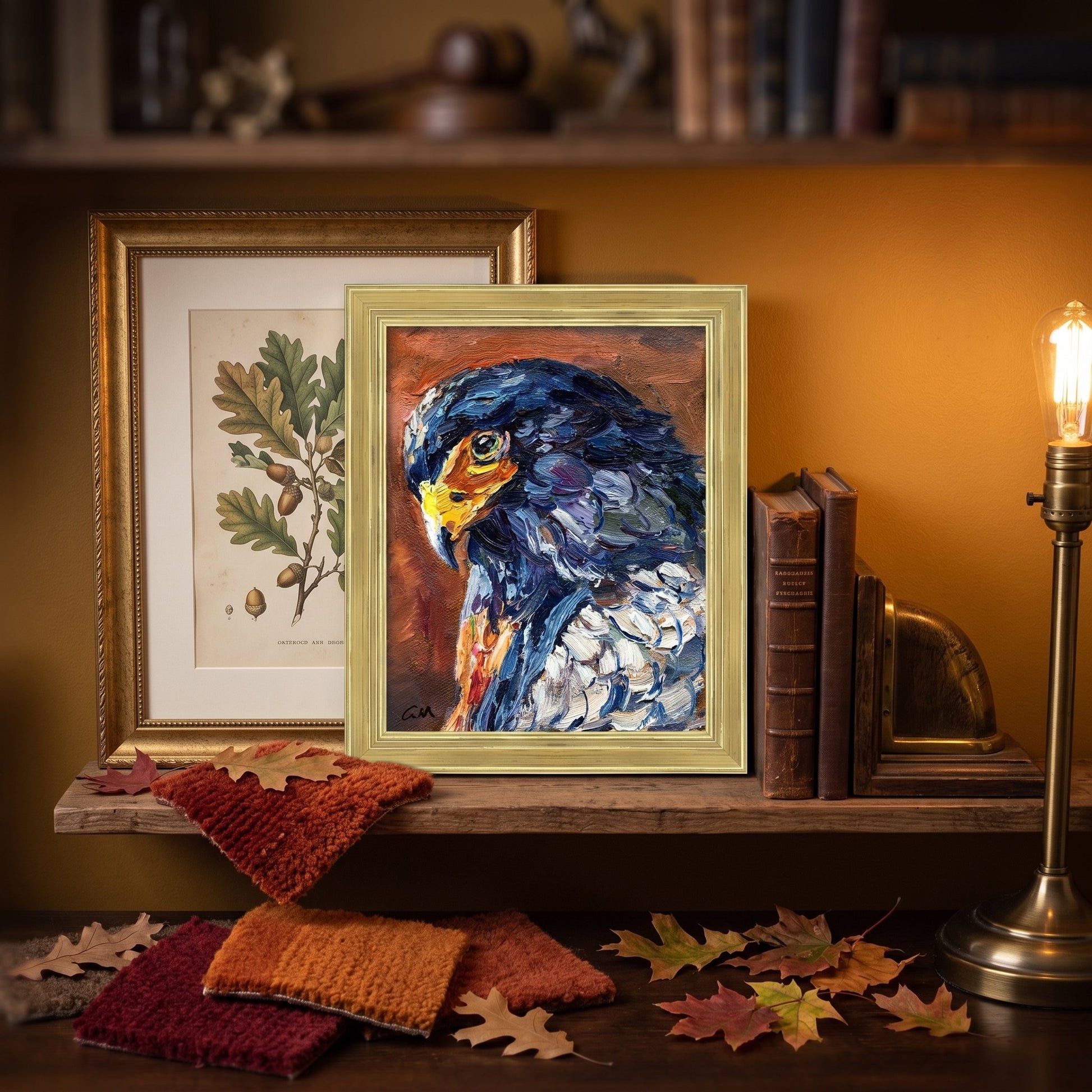 Rustic Farmhouse Study — Original Expressionist bird painting adds vibrant texture and color to a warm, book-lined reading nook