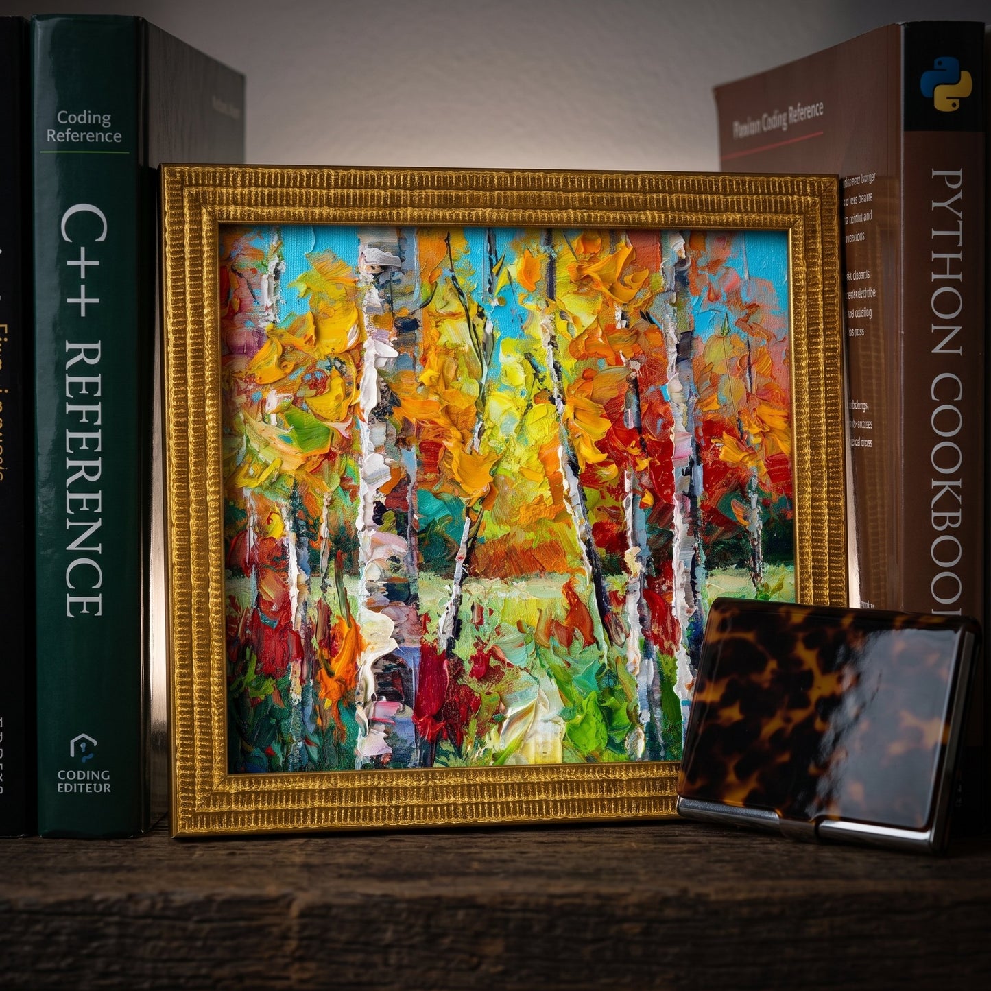 Study, rustic farmhouse — vibrant Impressionist landscape adds warmth and artistic energy to a scholarly space