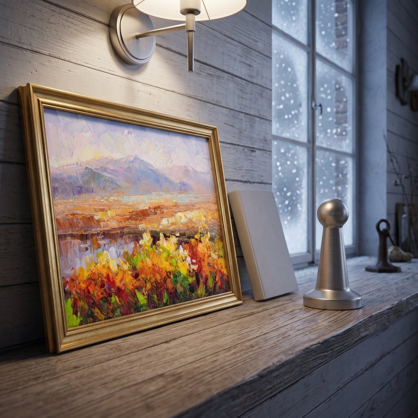 Rustic Farmhouse Entryway — Vibrant Impressionist landscape transforms the space with warm colors and textured brushwork under soft ambient light