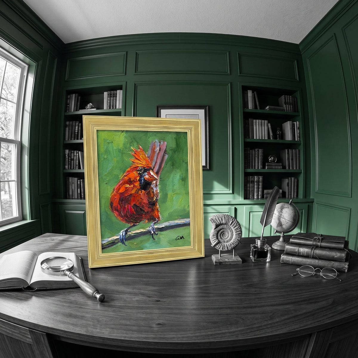 Study, Classic Decor — Vibrant expressionist cardinal painting adds bold color and life to a scholarly, green-paneled space