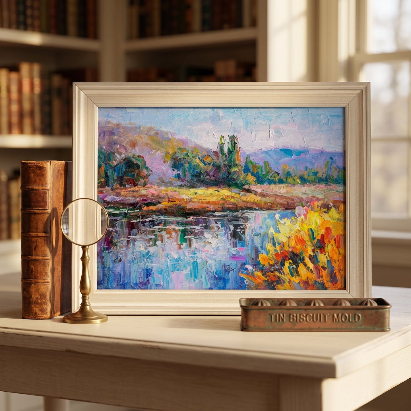 Rustic farmhouse study — Impressionist landscape painting adds vibrant color and artistic warmth to a vintage-inspired space