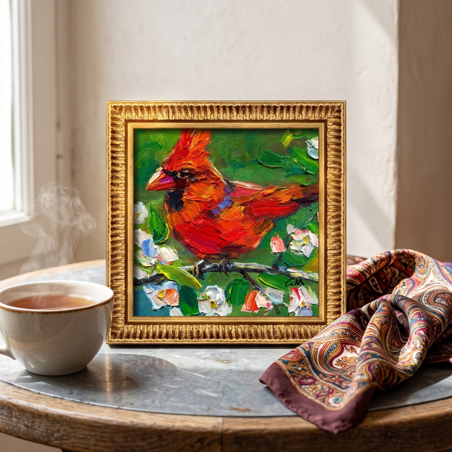 RusticFarmhouseReadingNook — VibrantImpressionistCardinalArtTransformsSpaceWithColorAndNature