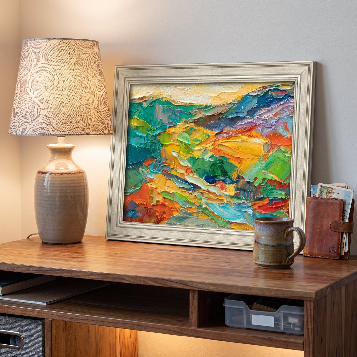Contemporary home office — vibrant expressionist landscape painting adds color and energy to minimalist workspace