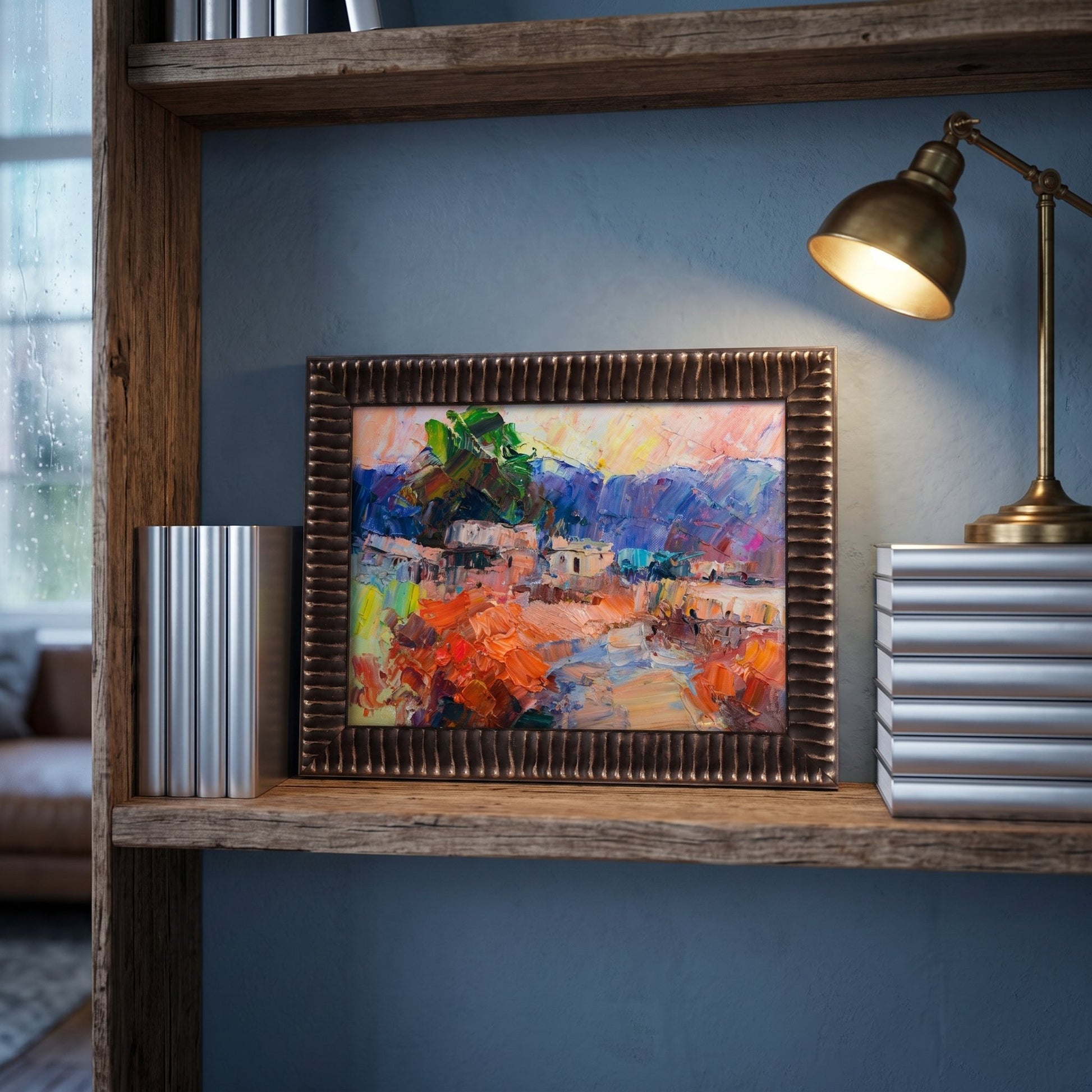 Rustic Farmhouse Living Room — Vibrant Expressionist Landscape Adds Warmth and Artistic Energy to Cozy Space