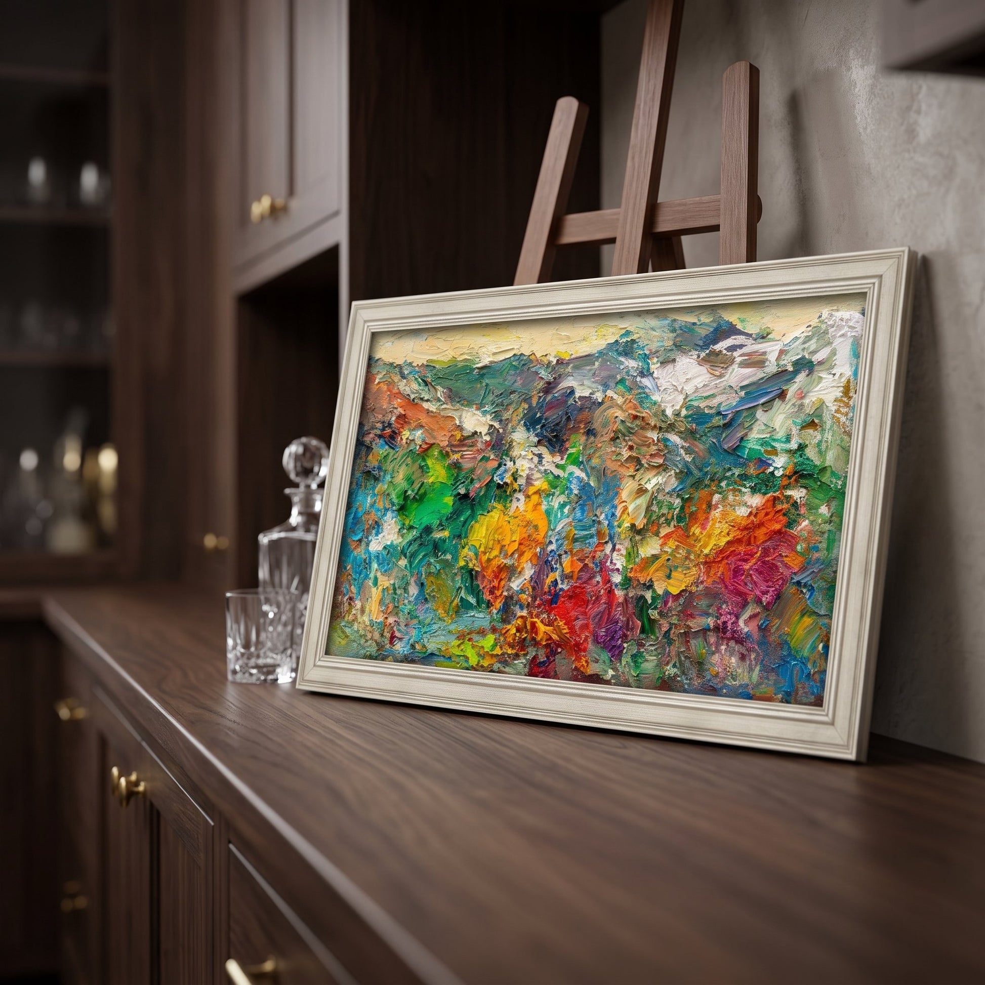 Home bar, minimalist industrial — vibrant expressionist landscape painting adds bold color and texture as a focal point