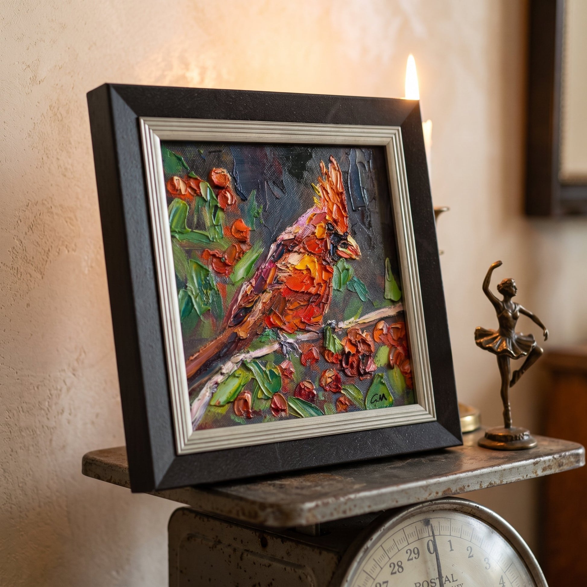 Rustic farmhouse entryway — vibrant expressionist cardinal painting transforms vintage decor with bold color and texture