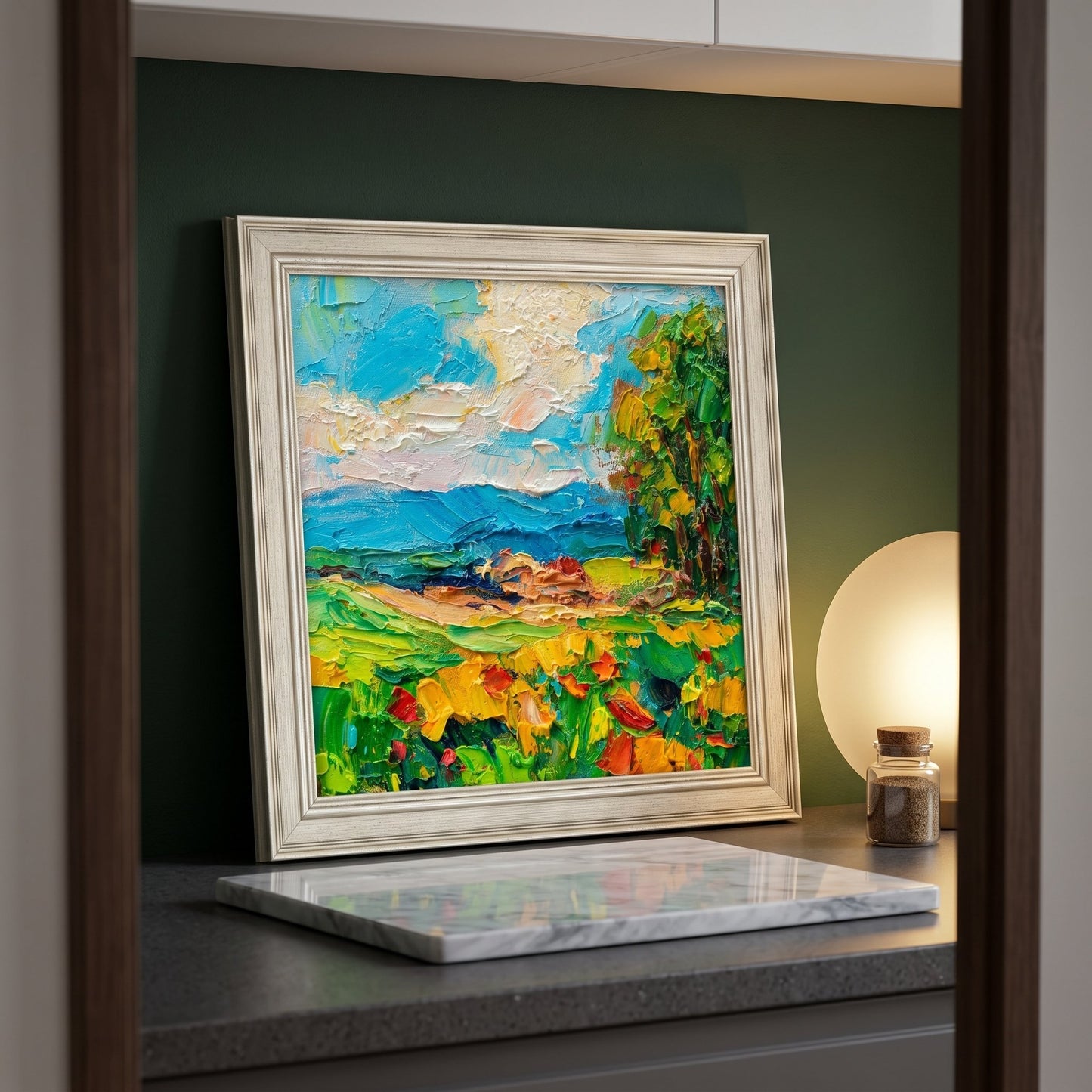 Contemporary entryway — vibrant Impressionist landscape adds warmth and artistic depth to minimalist space