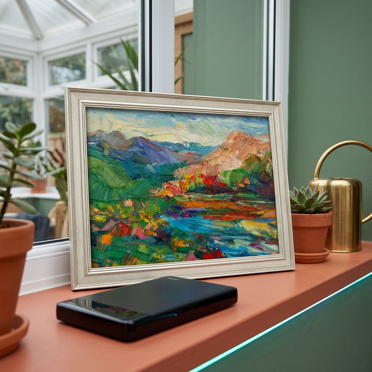 Greenhouse living room, modern botanical — vibrant Impressionist landscape elevates natural ambiance with bold colors and textured brushwork
