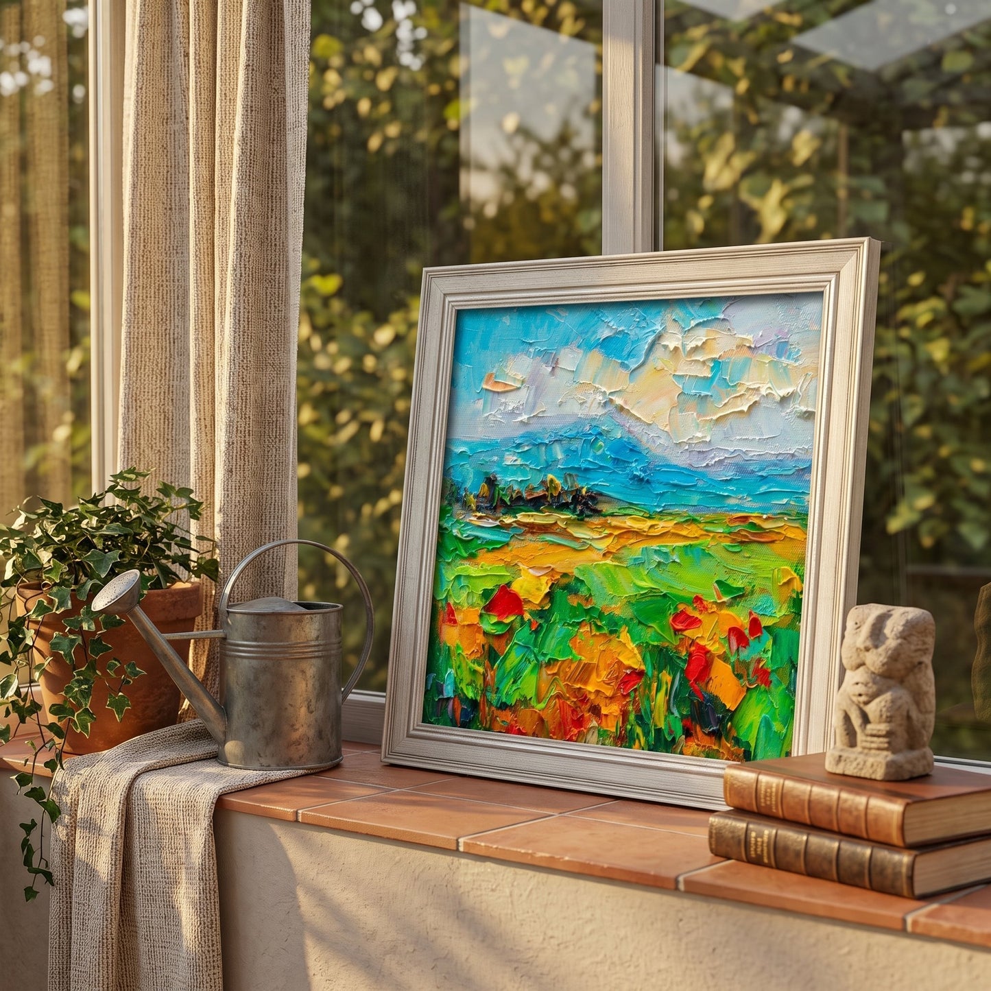 Sunroom, rustic farmhouse — vibrant Impressionist landscape transforms space with bold color and texture under natural light