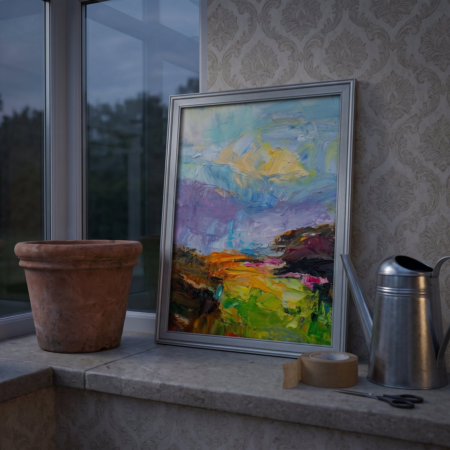 Vintage entryway — expressive landscape painting adds vibrant color and artistic energy to a classic space