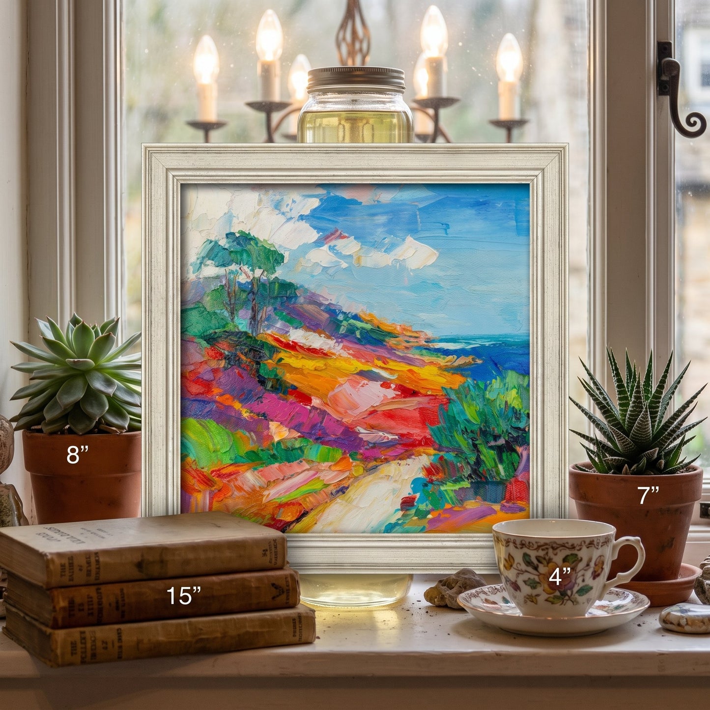 Rustic Farmhouse Living Room — Vibrant Impressionist Landscape Art Transforms Cozy Reading Nook with Colorful Energy
