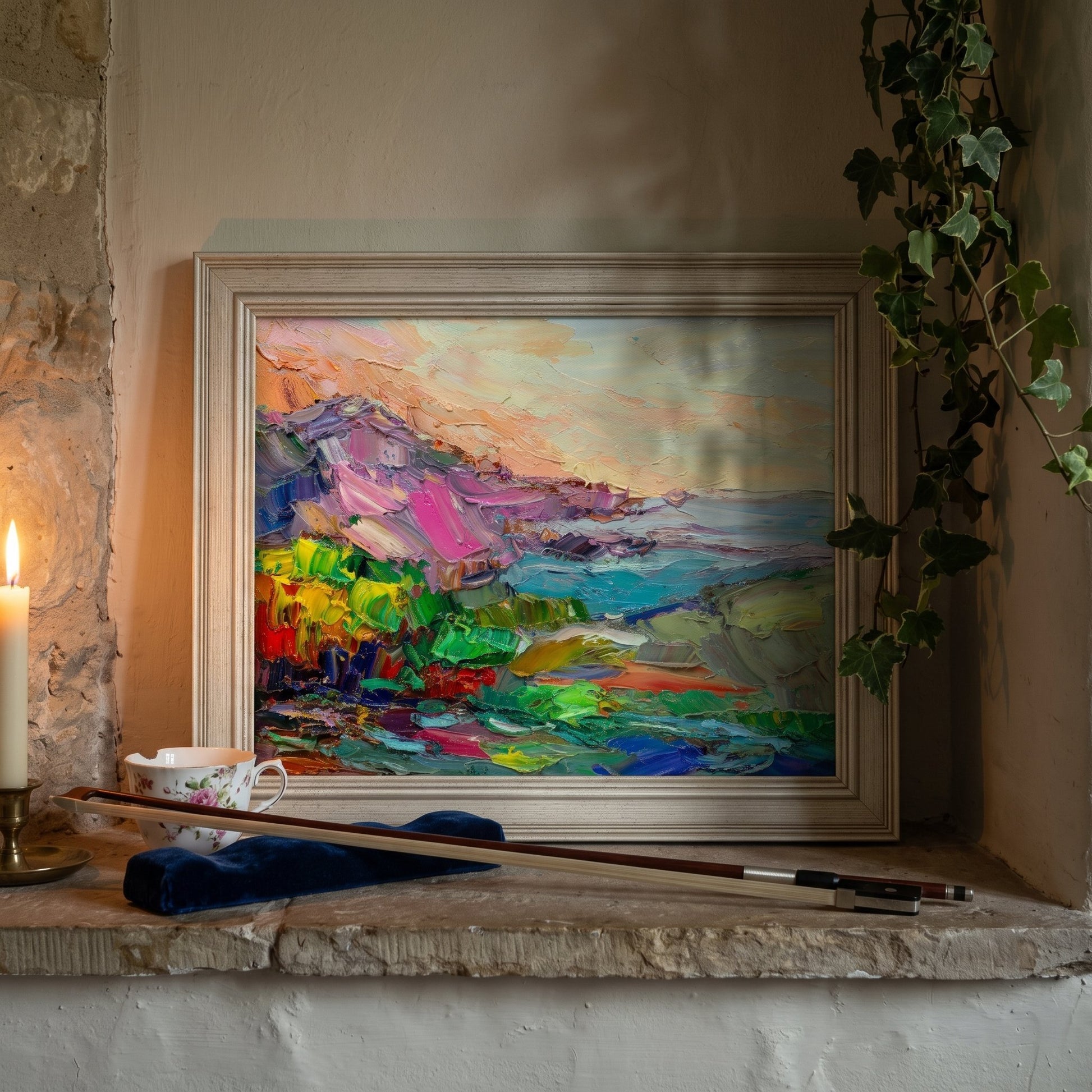 Rustic Farmhouse Living Room — Vibrant expressionist landscape painting elevates stone alcove with bold color and texture