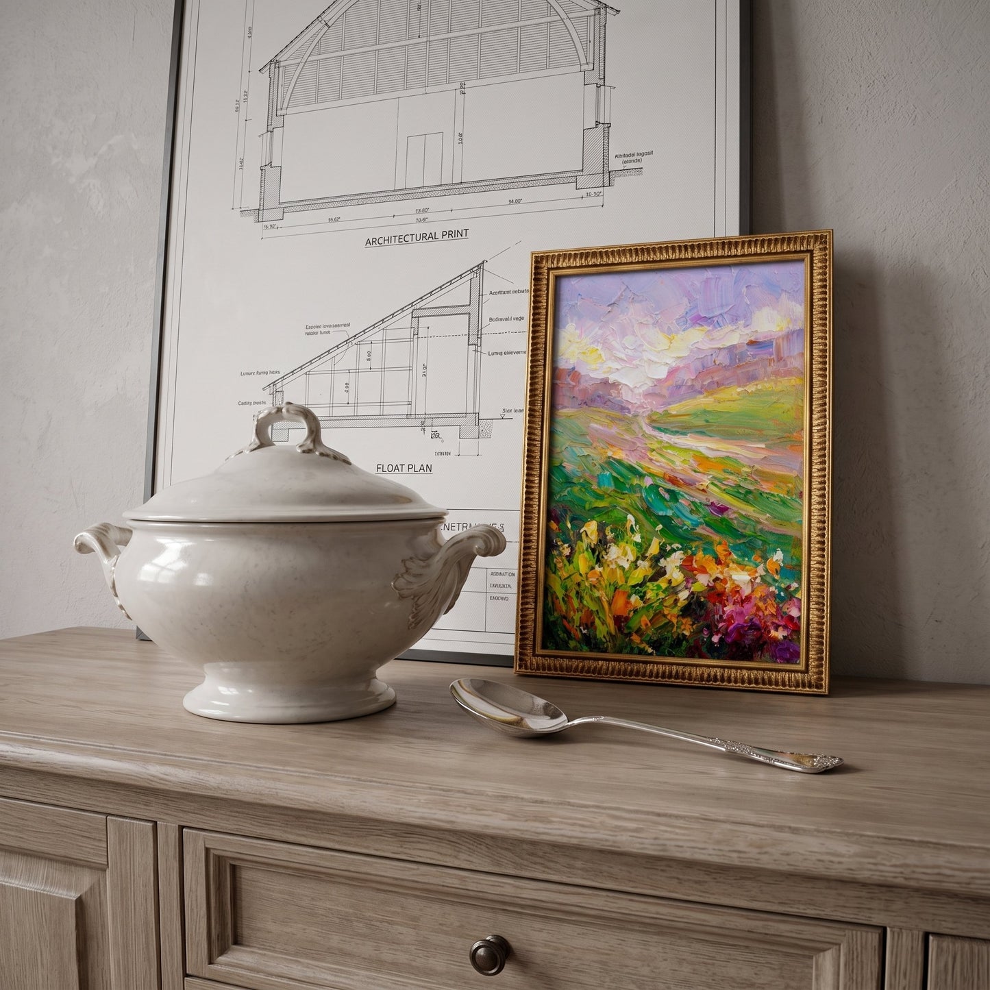 Minimalist entryway — vibrant Impressionist landscape painting adds warmth and color contrast to neutral decor