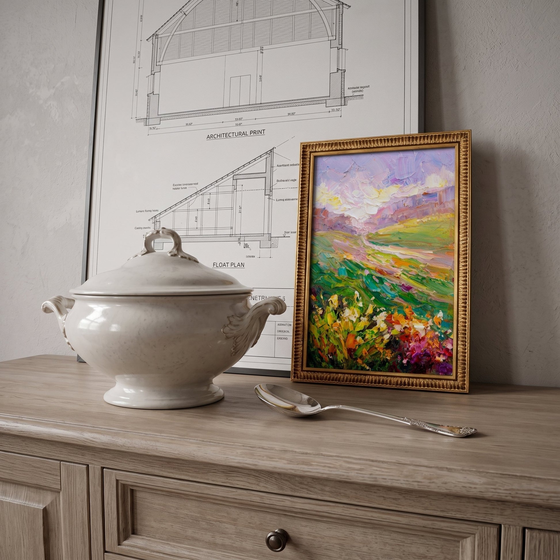 Minimalist entryway — vibrant Impressionist landscape painting adds warmth and color contrast to neutral decor