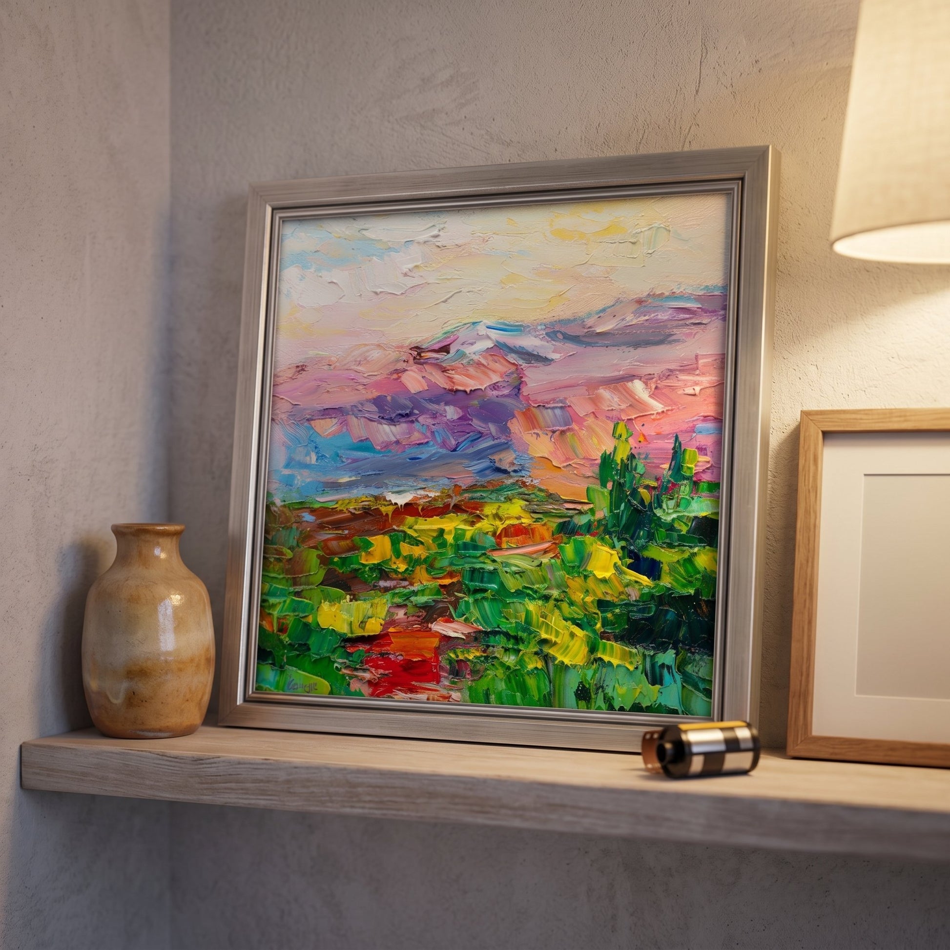 Minimalist living room — vibrant Impressionist landscape painting elevates neutral space with bold color and texture