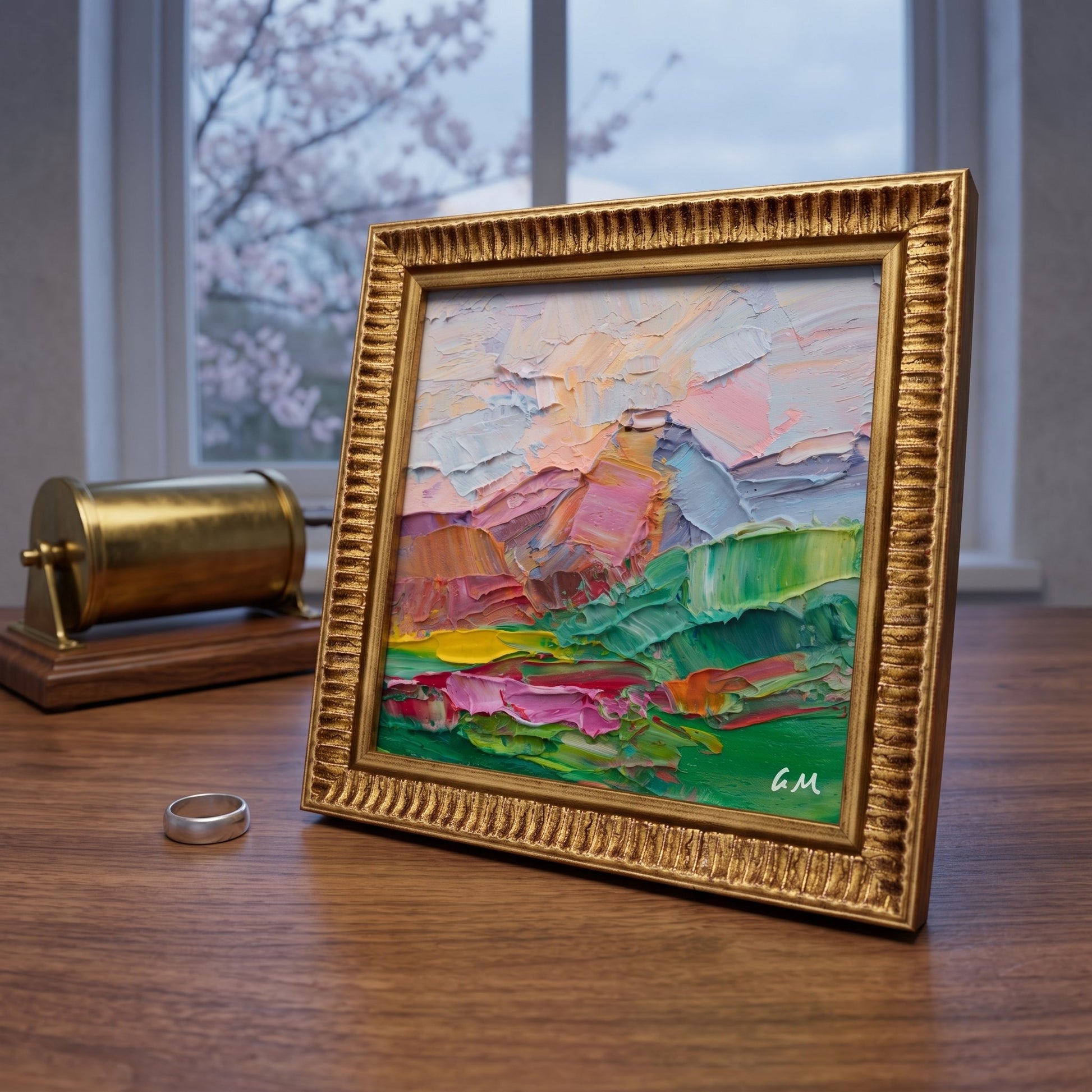 Contemporary study — Expressive landscape painting adds vibrant color and emotional depth to a calm, natural-light-filled workspace