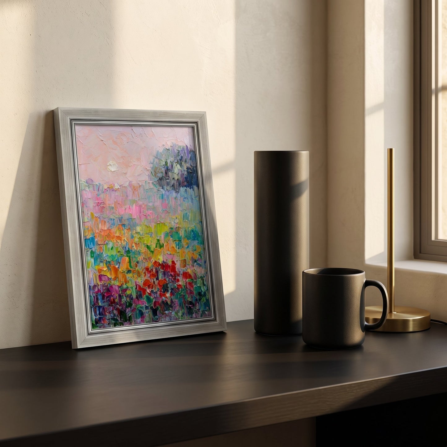 Contemporary living room — vibrant Impressionist landscape transforms neutral space with colorful floral energy