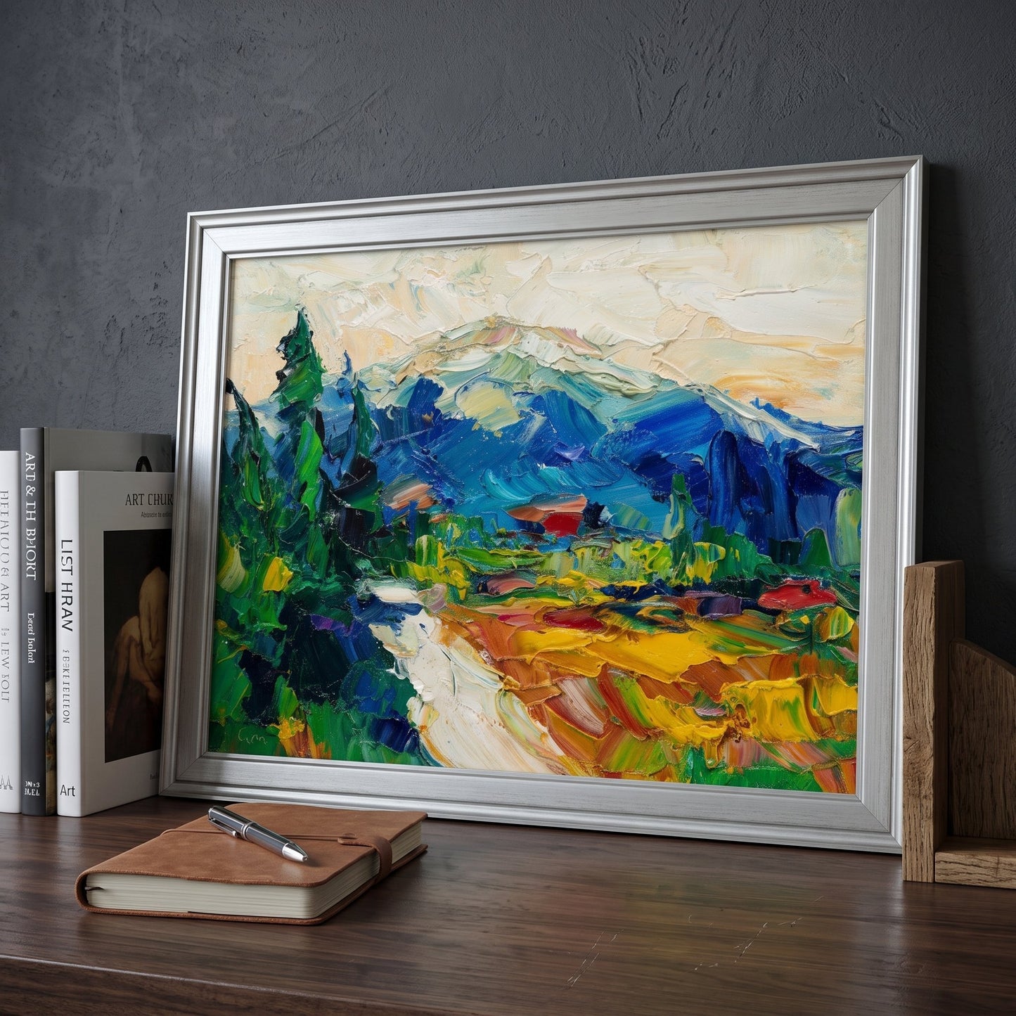 Contemporary study — Vibrant expressionist landscape transforms minimalist space with bold color and texture