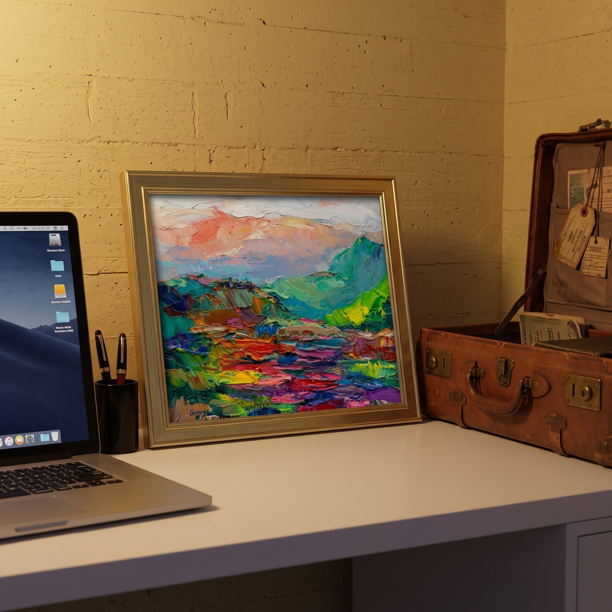 Industrial Loft Study — Vibrant Expressionist Landscape Art Transforms Minimalist Workspace with Bold Color and Texture