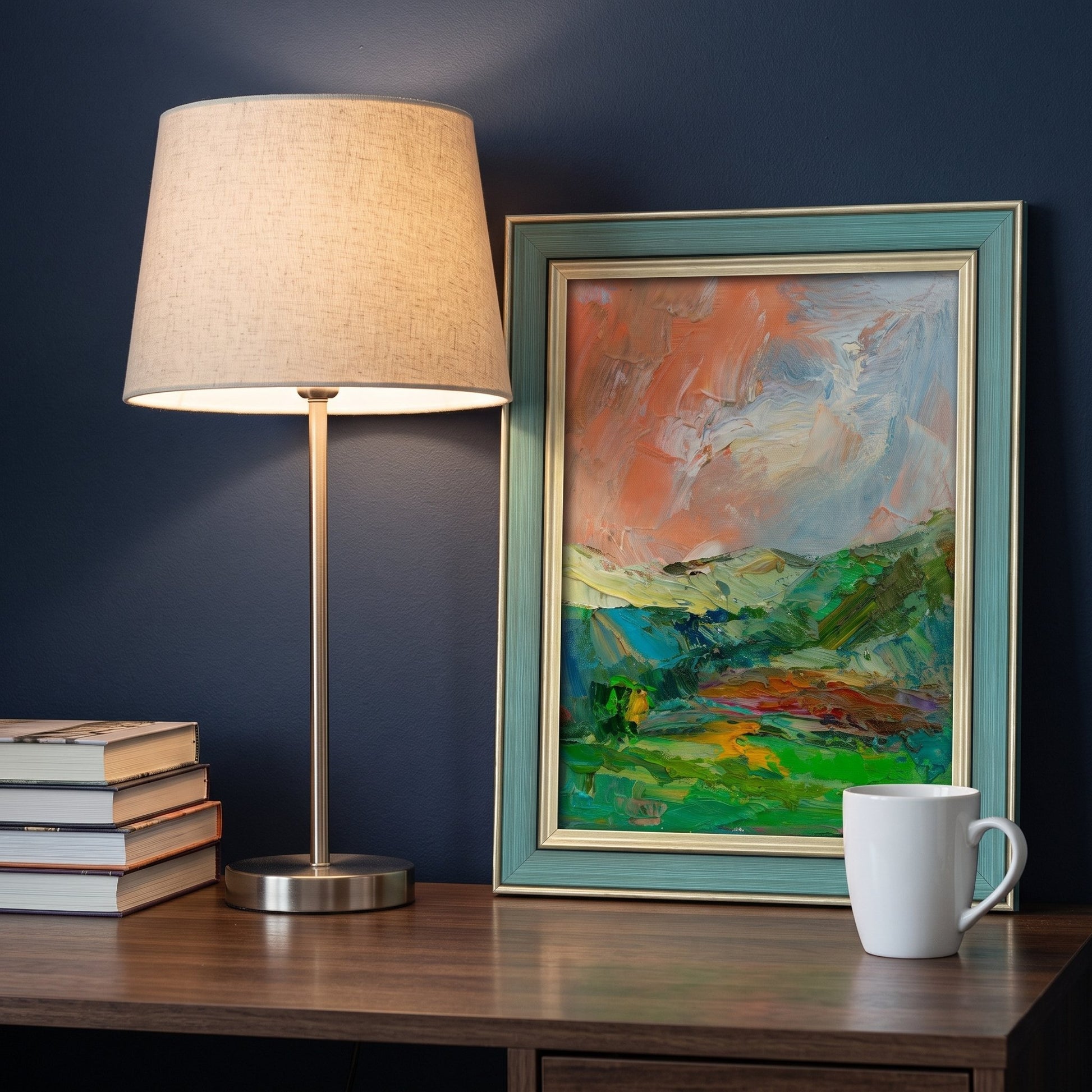 Contemporary home office — Expressive landscape painting adds vibrant color and emotional depth to a modern workspace