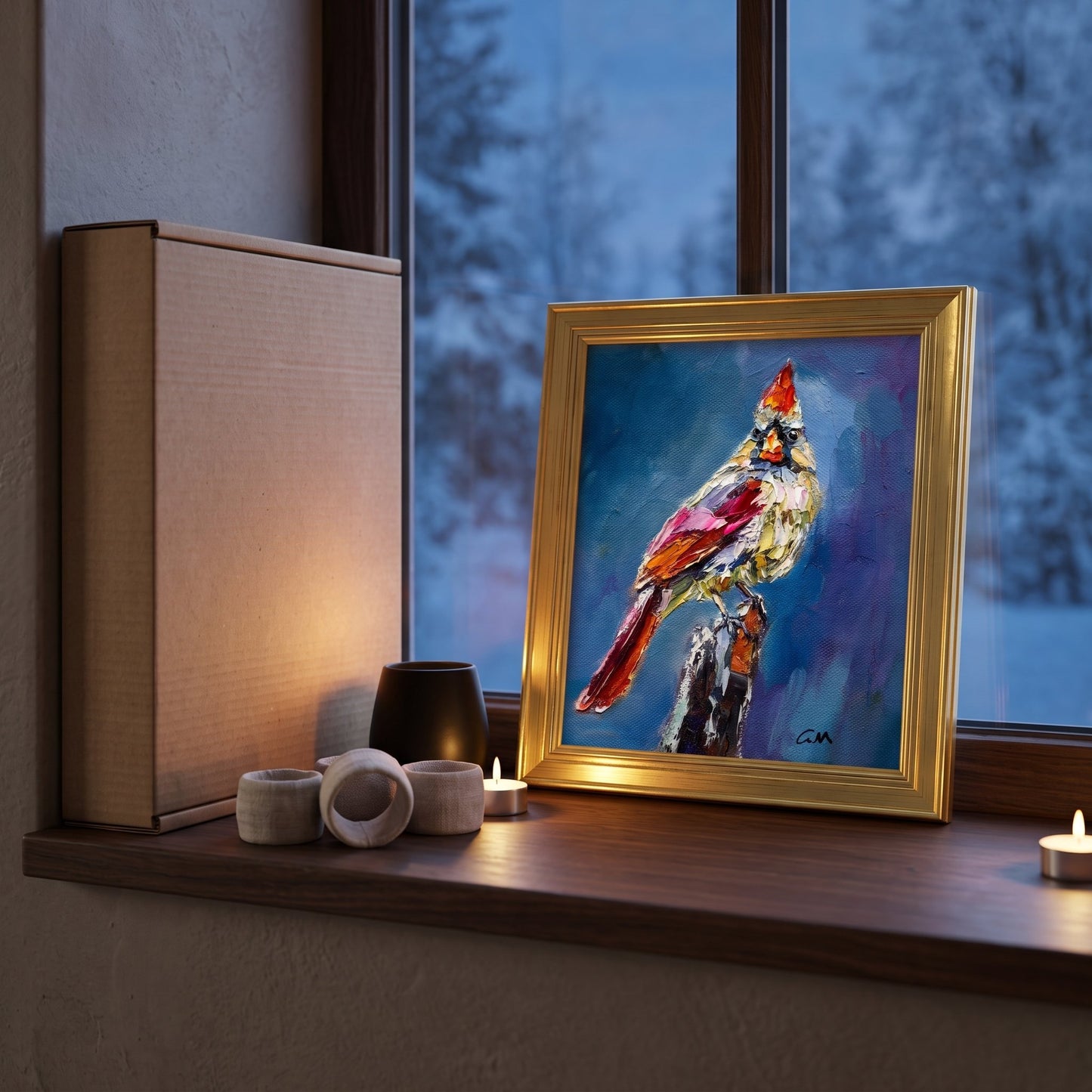 Contemporary rustic bedroom — Expressionist cardinal painting adds vibrant warmth and natural charm to a tranquil reading nook