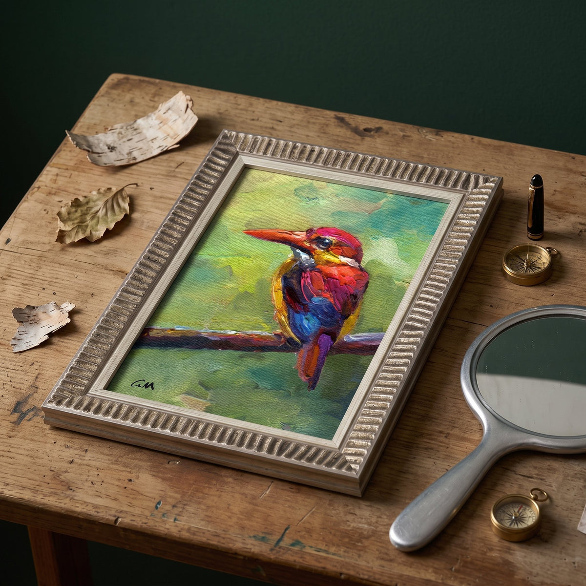 Rustic Farmhouse Study — Vibrant Impressionist bird painting elevates the space with bold color and natural texture