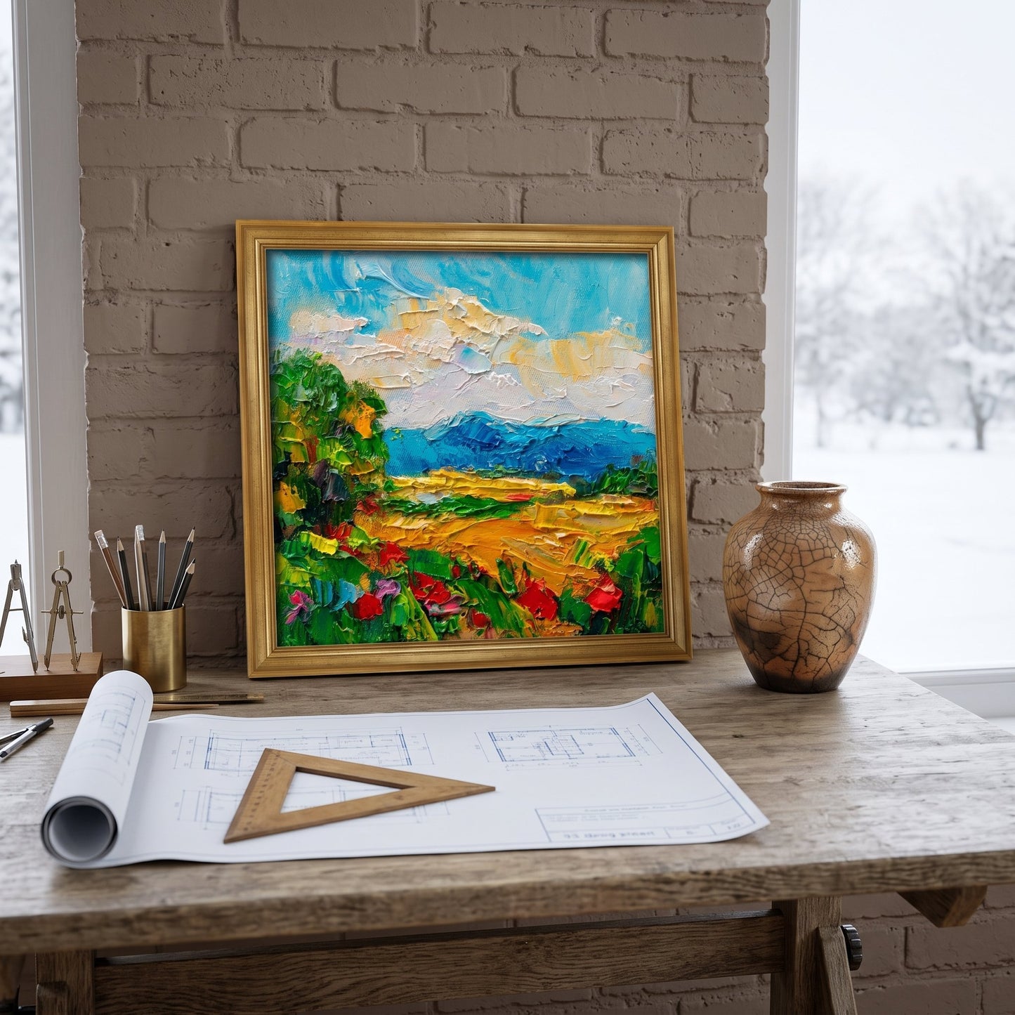 RusticFarmhouseStudy — OriginalImpressionistLandscapePaintingAddsVibrantColorAndArtisticEnergyToCreativeWorkspace