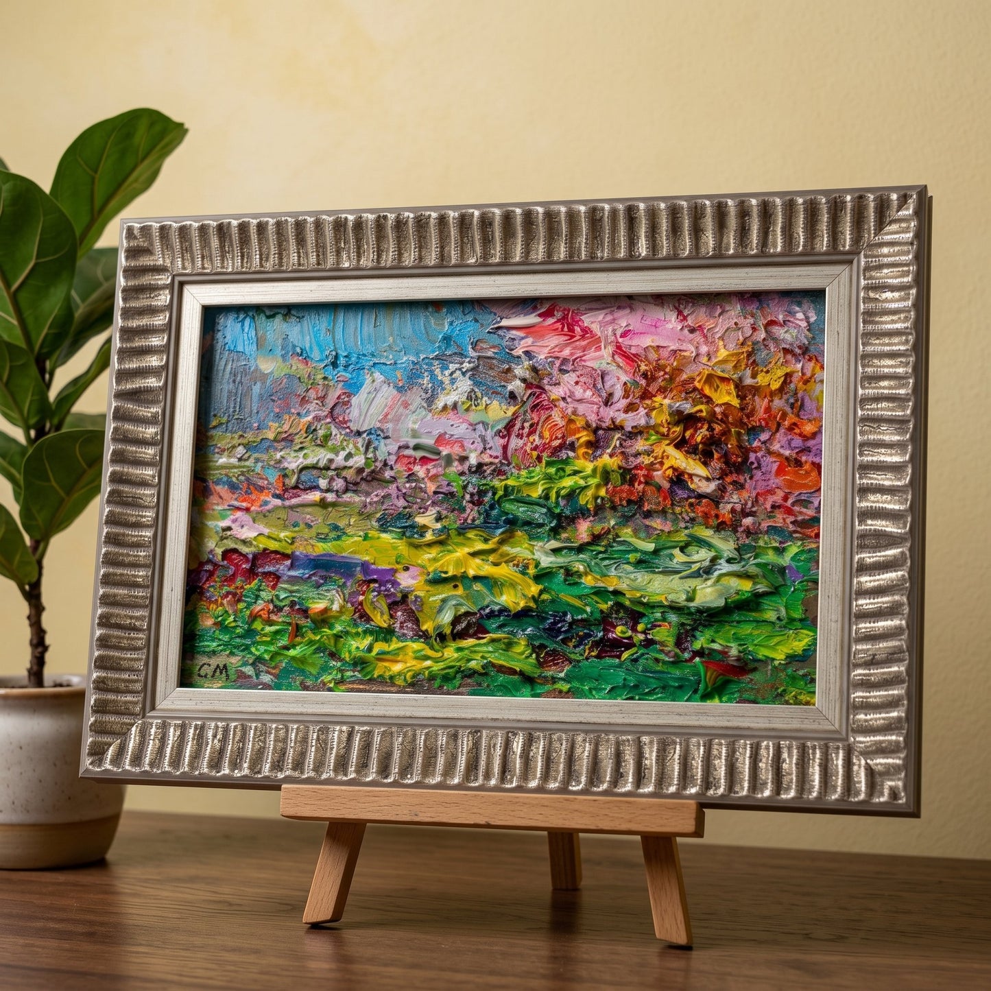 Contemporary living room — vibrant expressionist landscape painting adds color and texture to minimalist decor