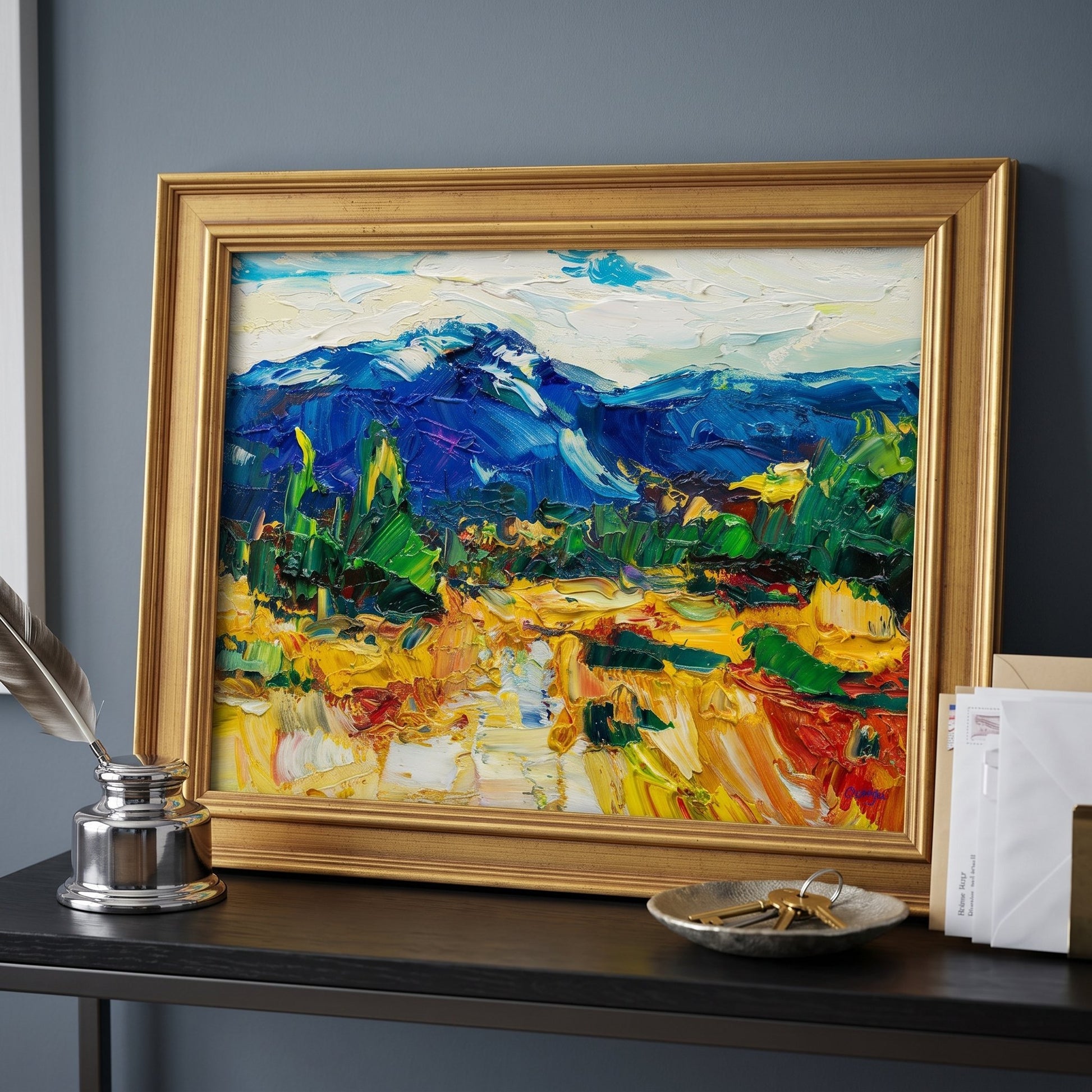 Contemporary entryway — expressive landscape painting adds vibrant color and artistic depth to minimalist decor