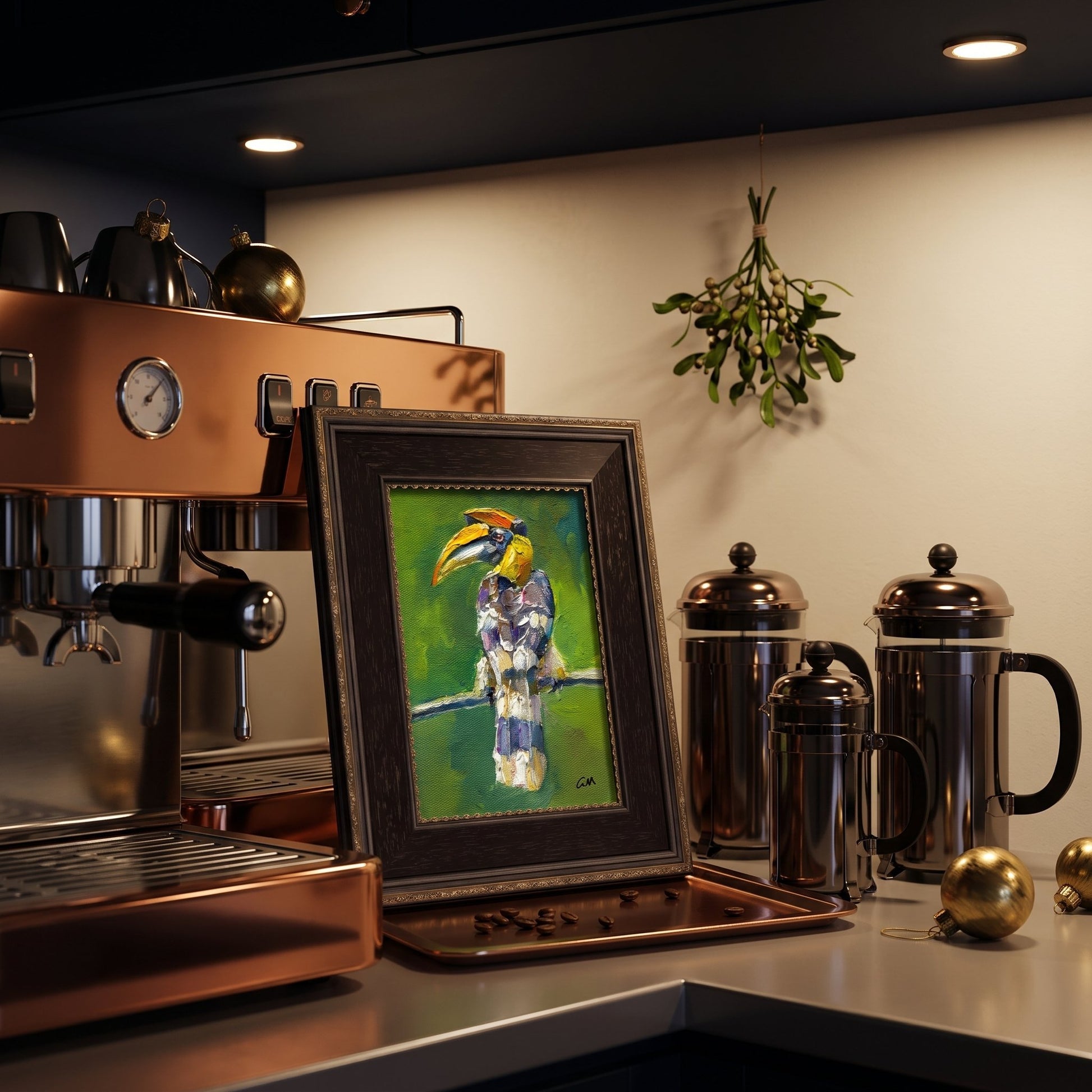 Contemporary kitchen — Vibrant expressionist bird painting adds color and personality to sleek modern space