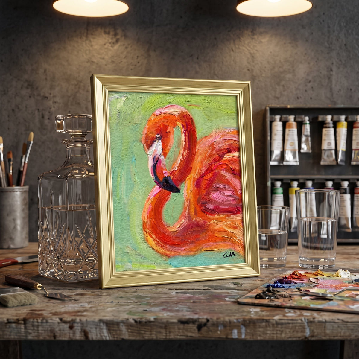 Art studio, rustic industrial — vibrant expressionist flamingo painting adds color and life to creative workspace
