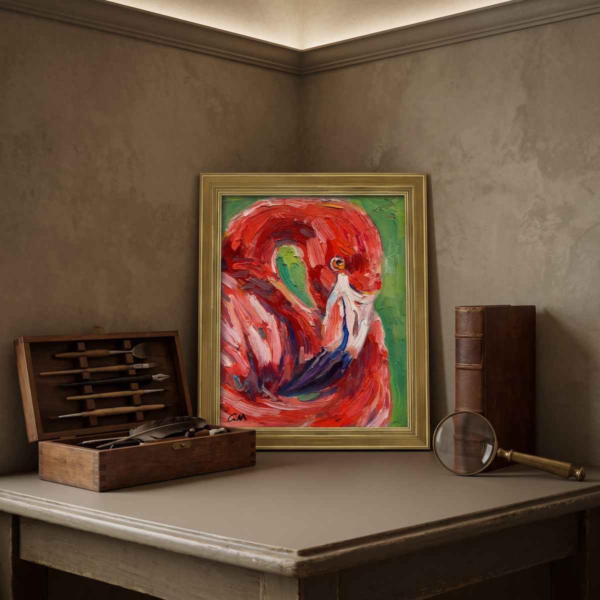 Rustic Farmhouse Study — Vibrant Expressionist Flamingo Painting Adds Color and Life to Vintage Space