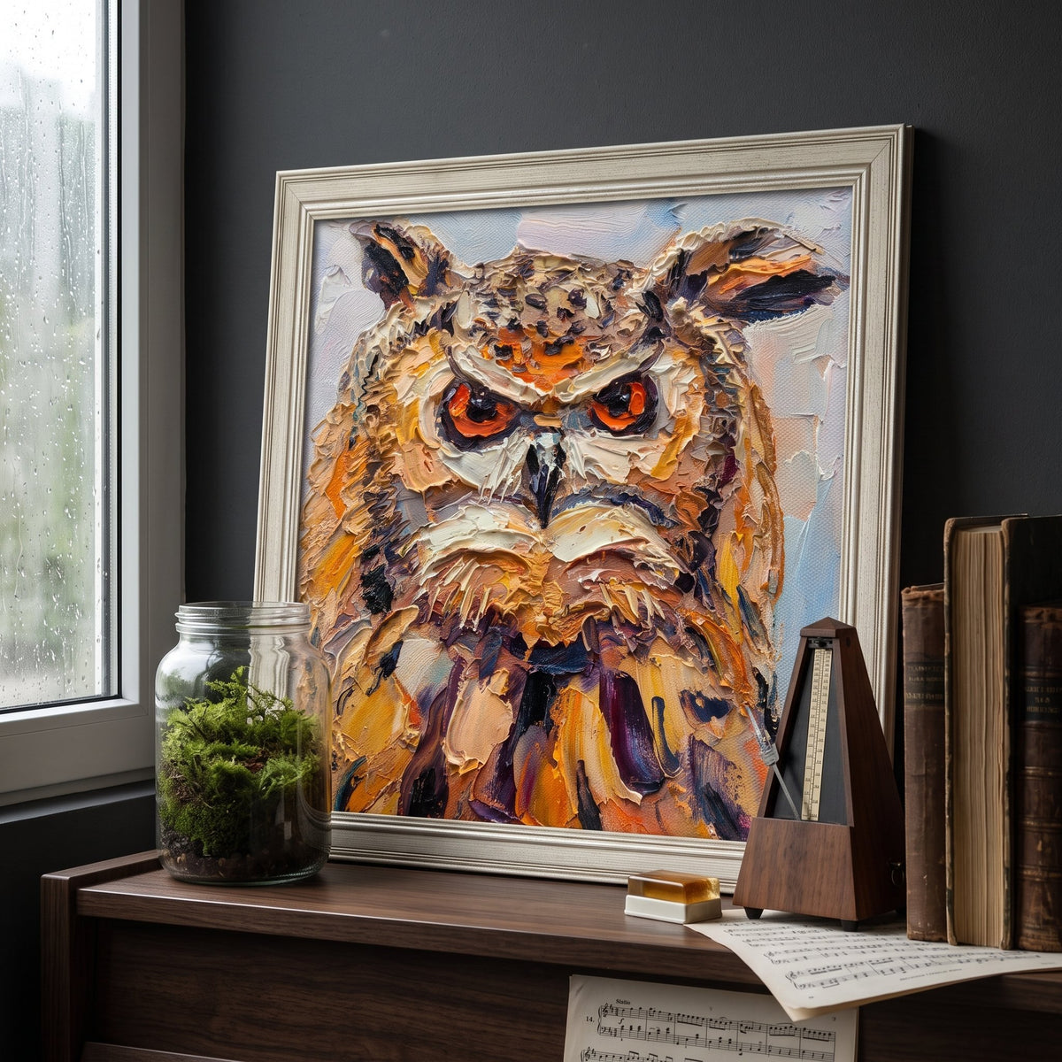 A textured oil painting of an owl with piercing orange eyes rests unframed on a wooden console beside a rain-streaked window, surrounded by books and greenery.