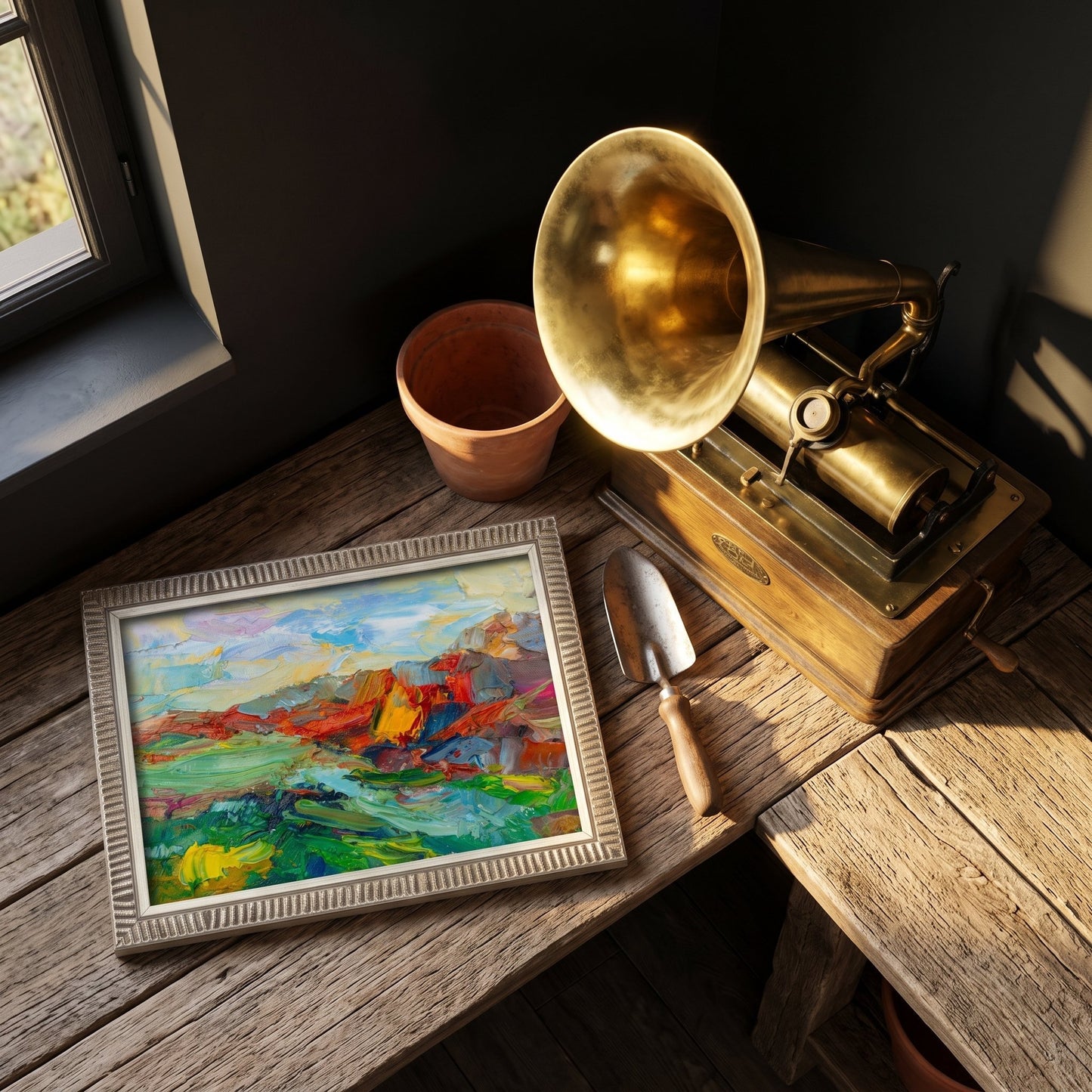 Rustic Farmhouse Study — Vibrant expressionist landscape painting adds color and soul to a sunlit wooden desk scene