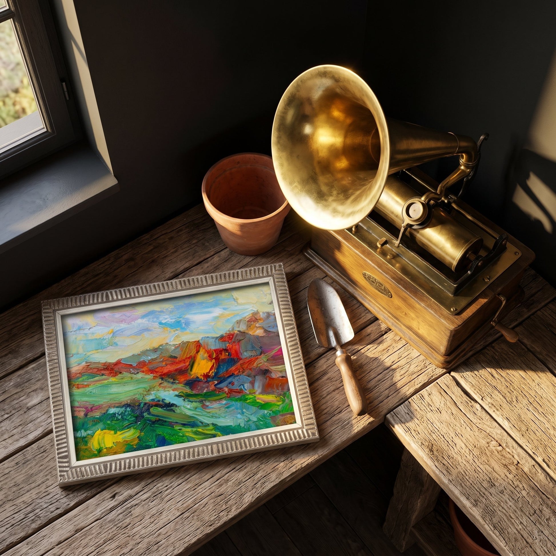 Rustic Farmhouse Study — Vibrant expressionist landscape painting adds color and soul to a sunlit wooden desk scene