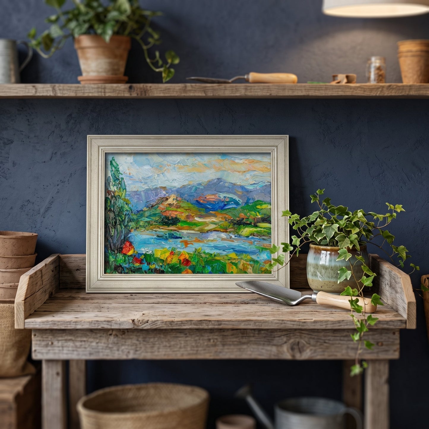 Rustic Farmhouse Entryway — Vibrant Impressionist Landscape Adds Color and Nature-Inspired Warmth to the Space
