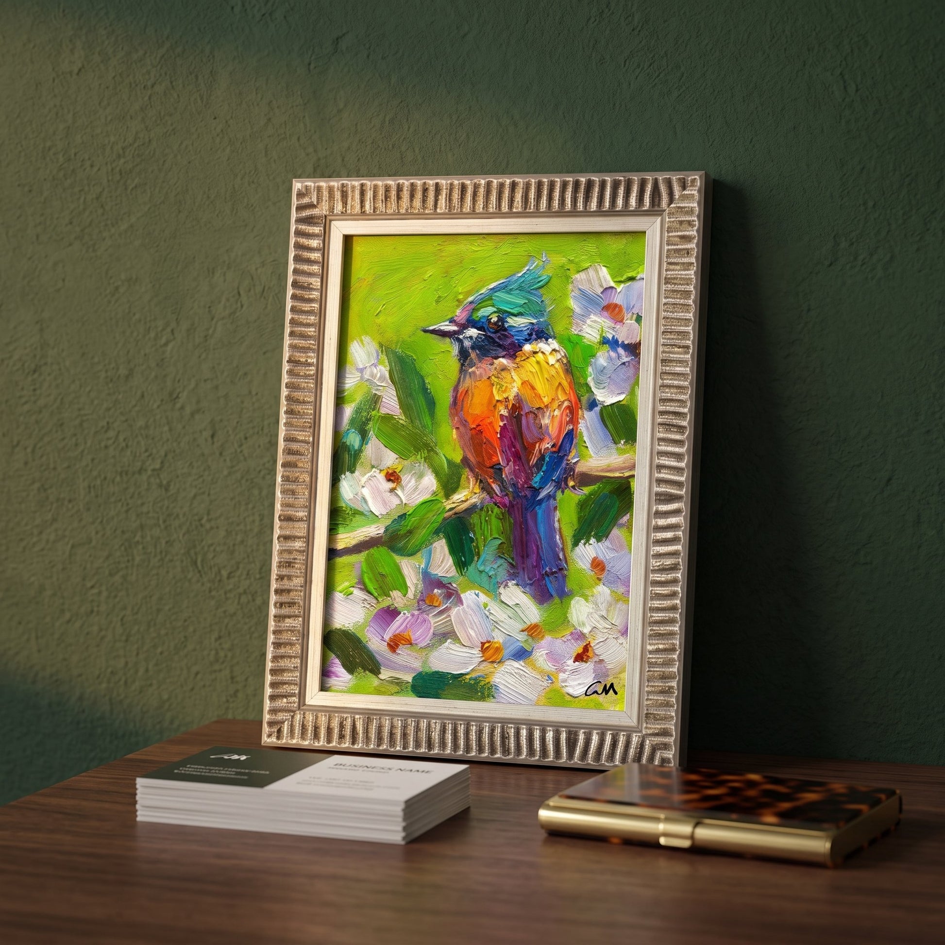 Modern rustic home office — vibrant expressionist bird painting transforms space with bold color and texture