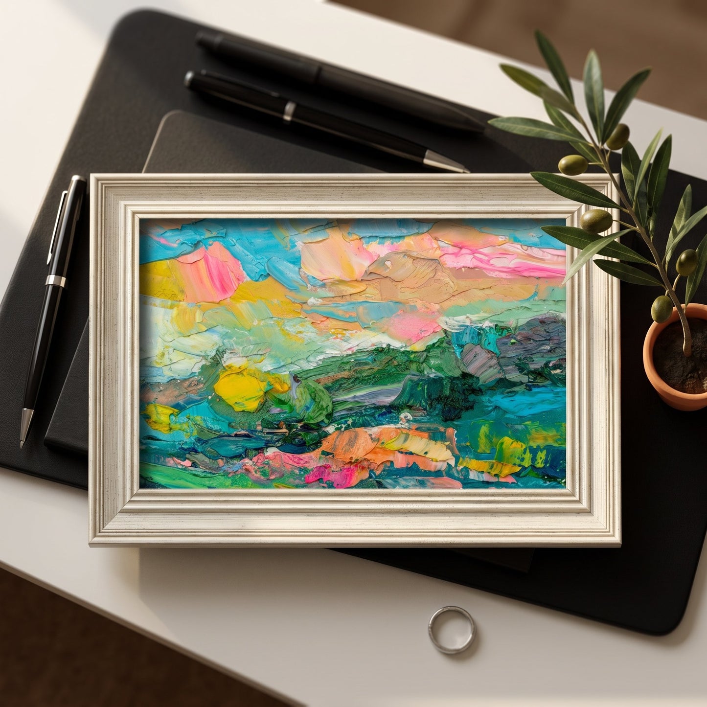 Minimalist home office — Vibrant Expressionist landscape transforms workspace with bold color and texture