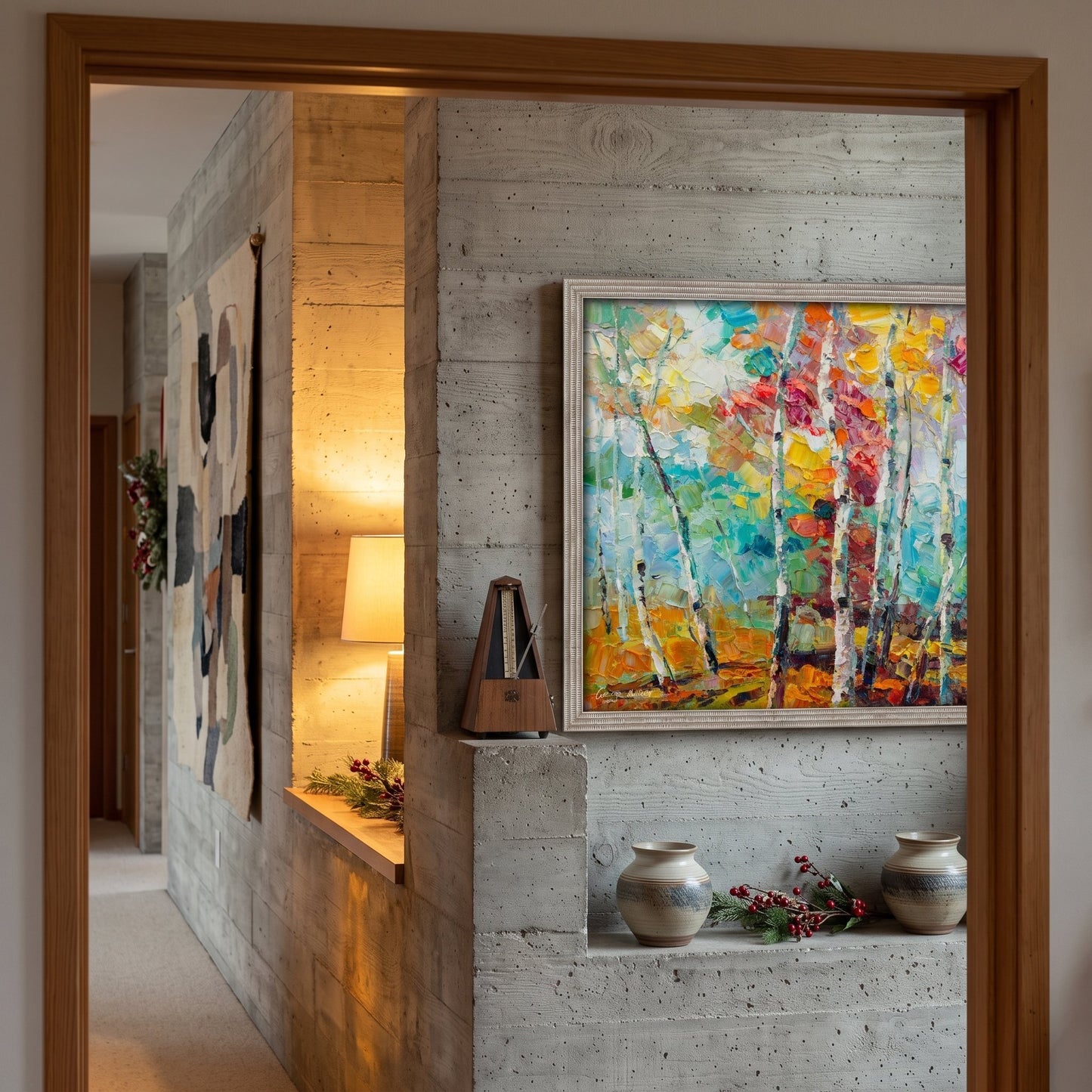 IndustrialLoftHallway — VibrantImpressionistLandscapePaintingTransformsNeutralSpaceWithColorAndNature