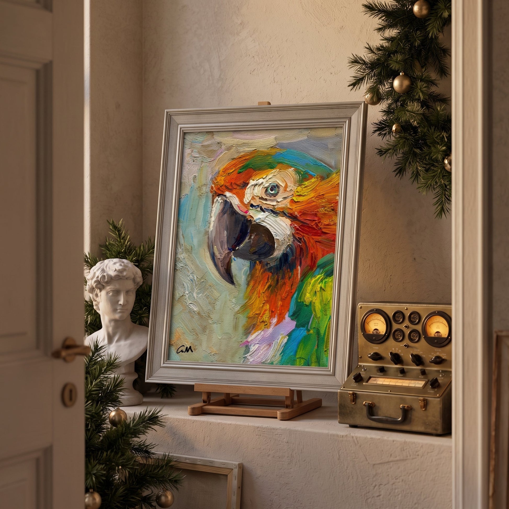 Eclectic entryway — vibrant expressionist parrot painting adds color and character to vintage-inspired decor