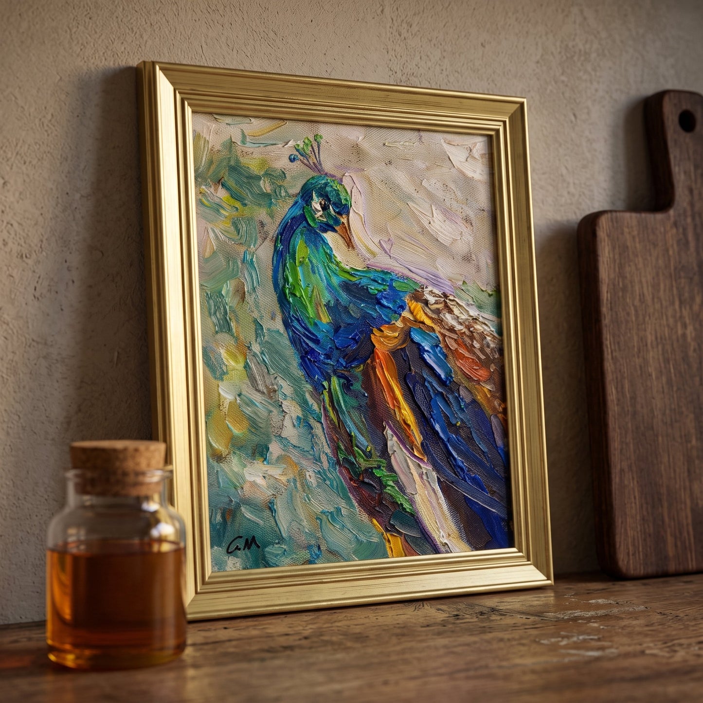 Rustic Farmhouse Kitchen — Vibrant peacock painting adds color and life to warm, earthy decor