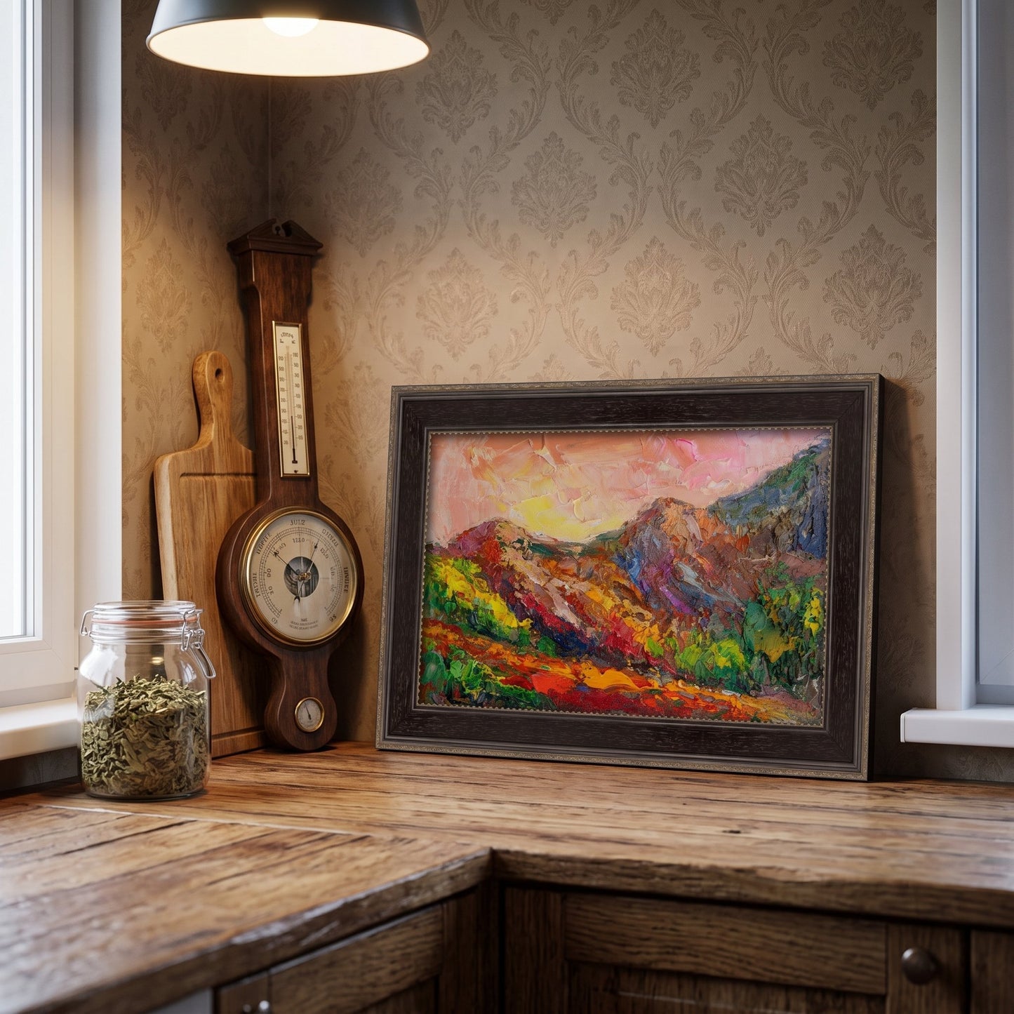 Rustic Farmhouse Kitchen — Vibrant expressionist landscape painting adds color and warmth to a vintage-inspired countertop display
