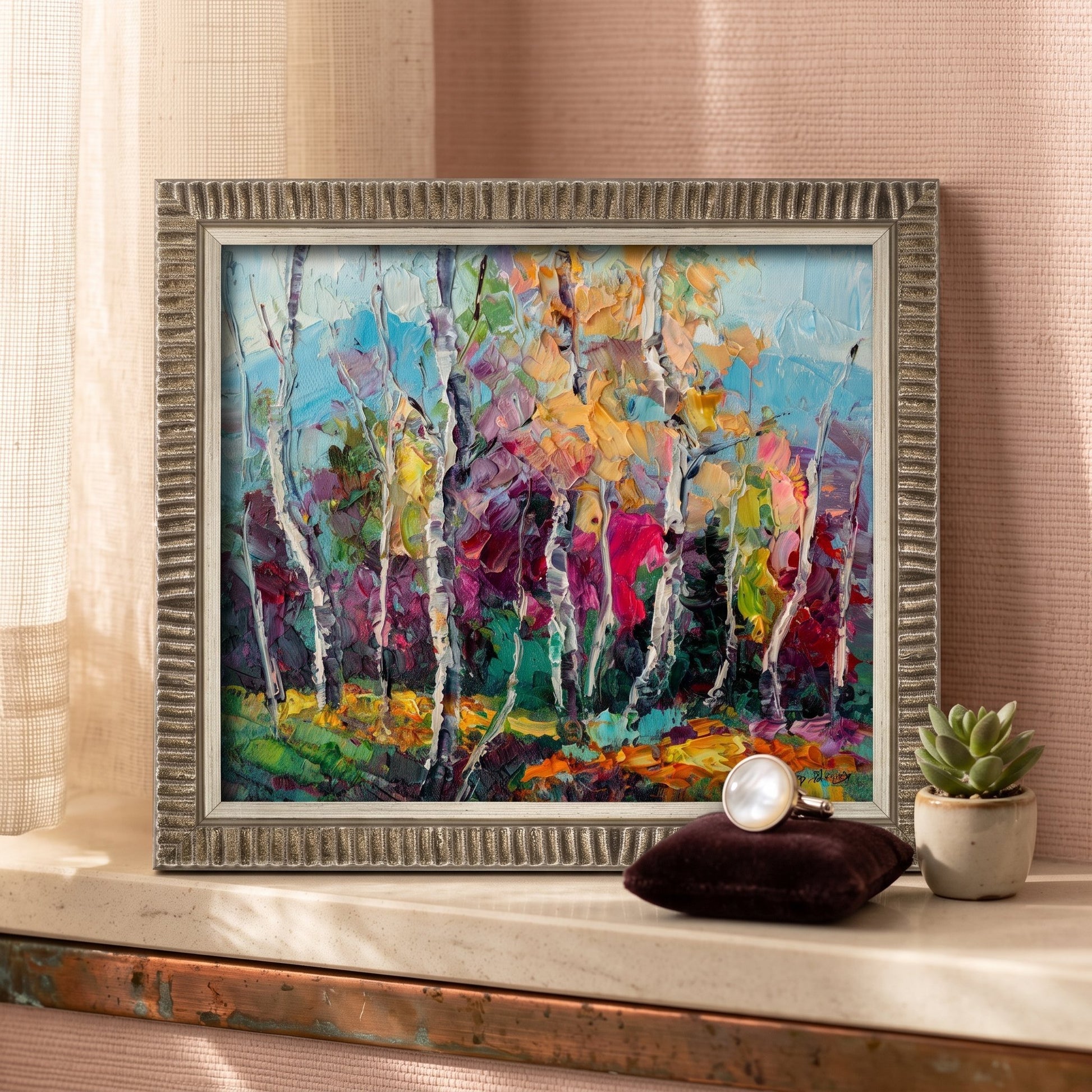 Bedroom, minimalist — Vibrant expressionist landscape painting adds warmth and artistic depth to a serene, softly lit space