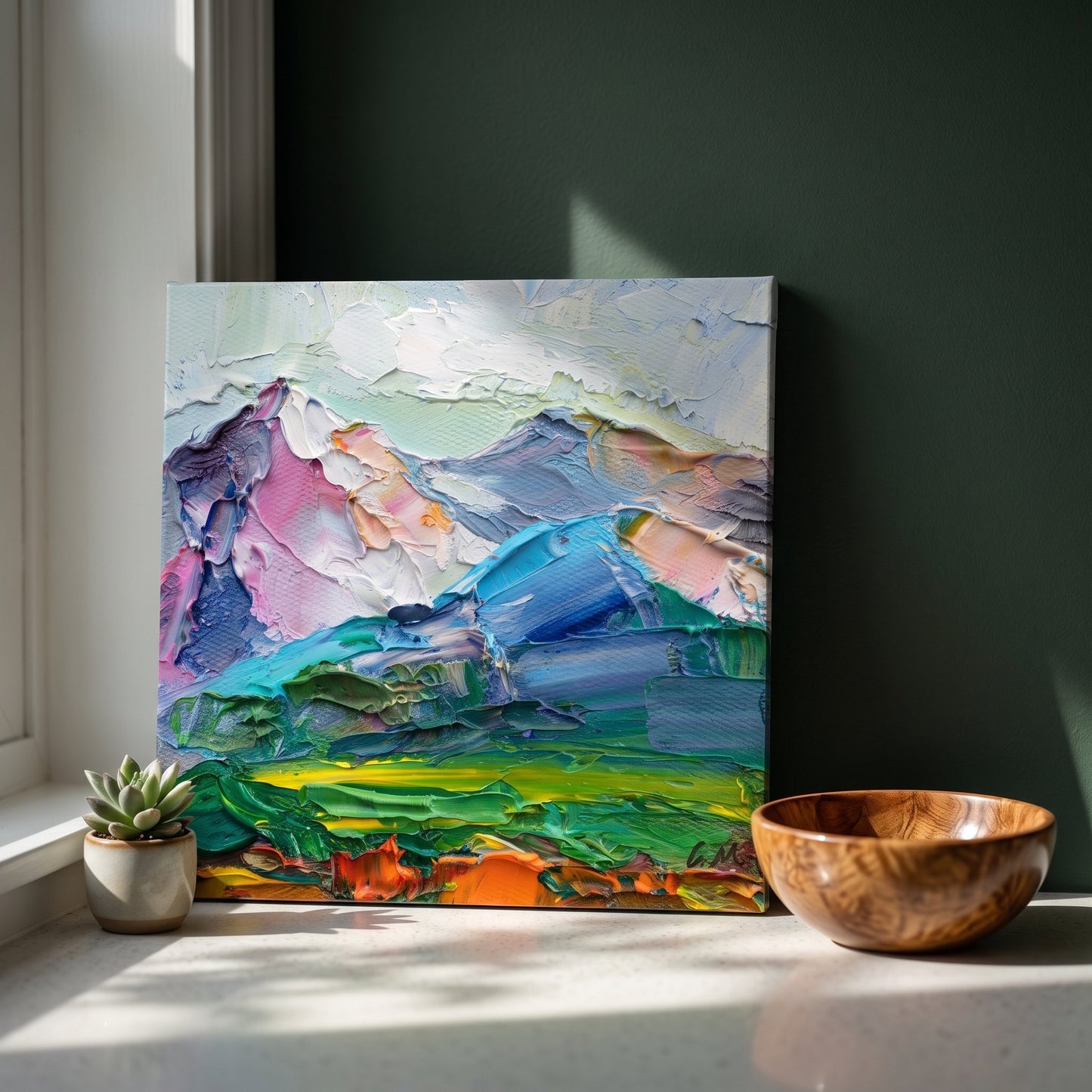 Contemporary living room — expressive landscape painting adds vibrant color and texture to minimalist space
