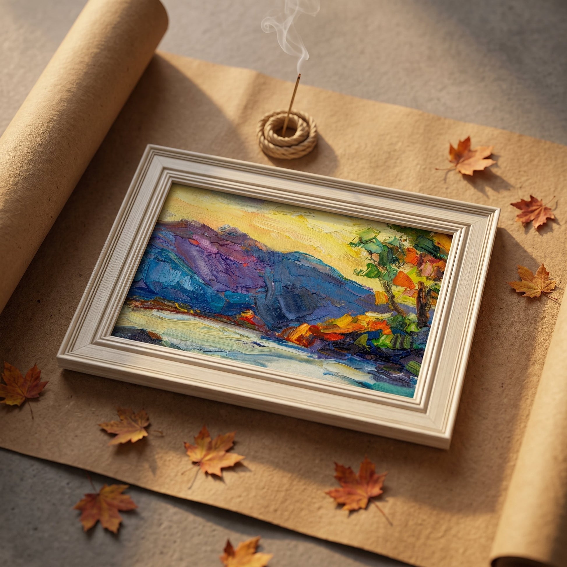 Minimalist Scandinavian reading nook — vibrant expressionist landscape painting adds warmth and artistic depth to a tranquil space