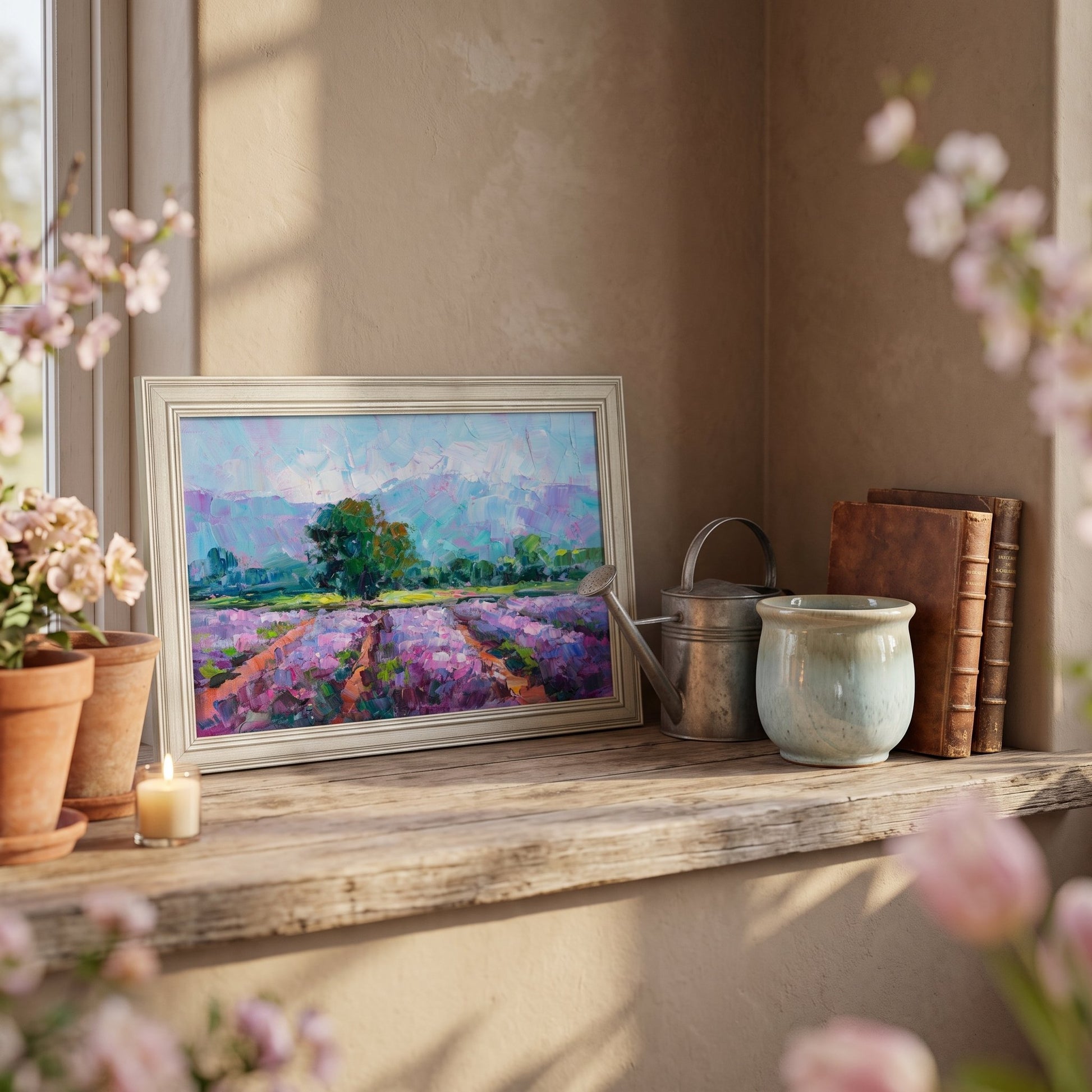 Rustic Farmhouse Entryway — Original Impressionist Landscape Elevates Natural Charm with Purple Lavender Fields and Soft Daylight