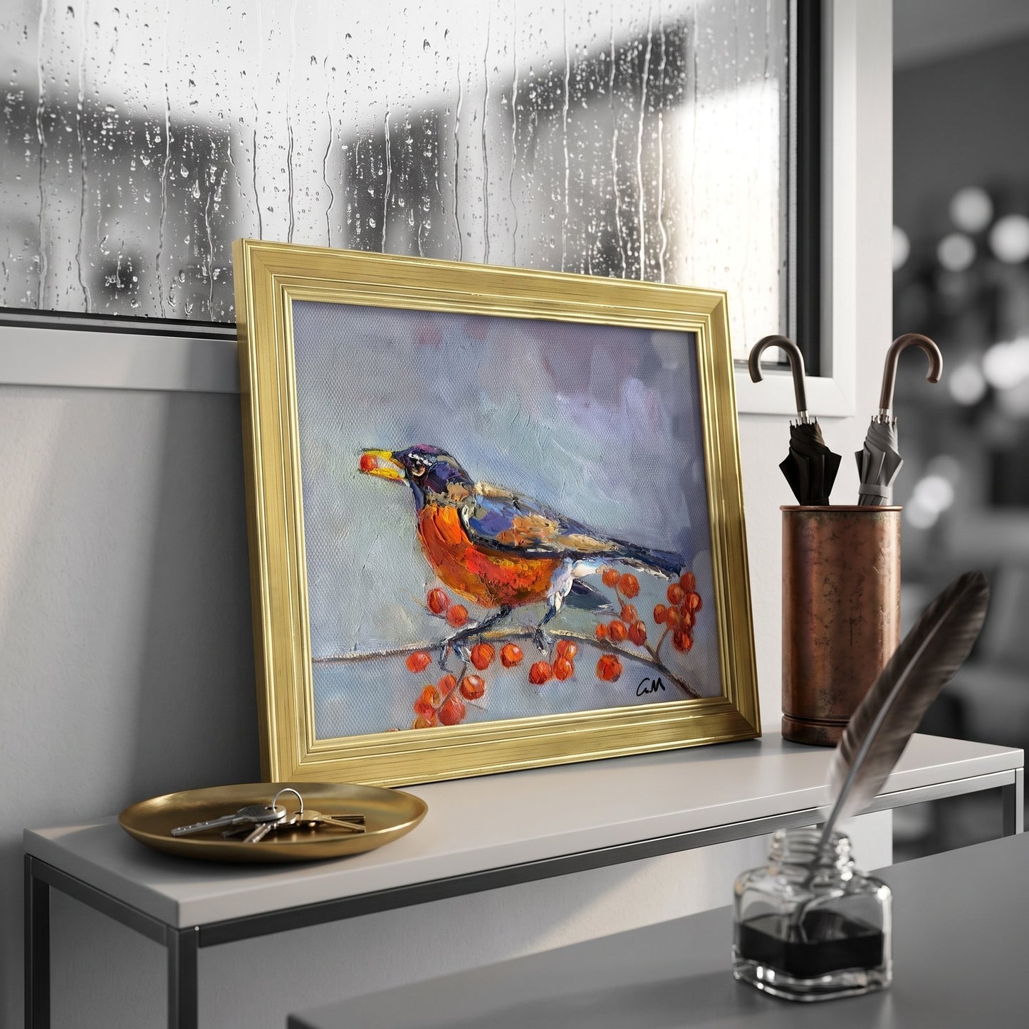 Modern entryway — vibrant bird painting adds warmth and life to minimalist space