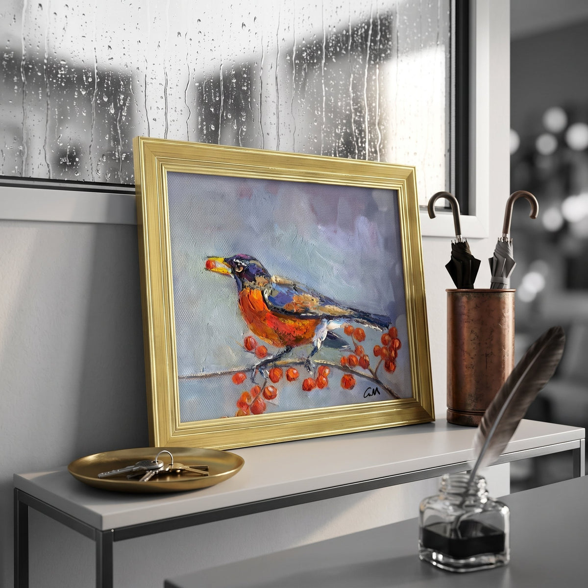 Modern entryway — vibrant bird painting adds warmth and life to minimalist space