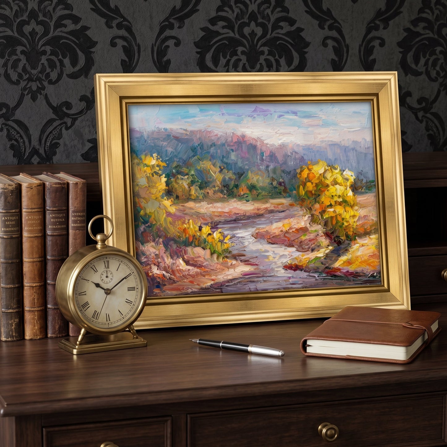 Study, Traditional — Original Impressionist landscape adds vibrant color and serene energy to a classic dark wood and damask interior
